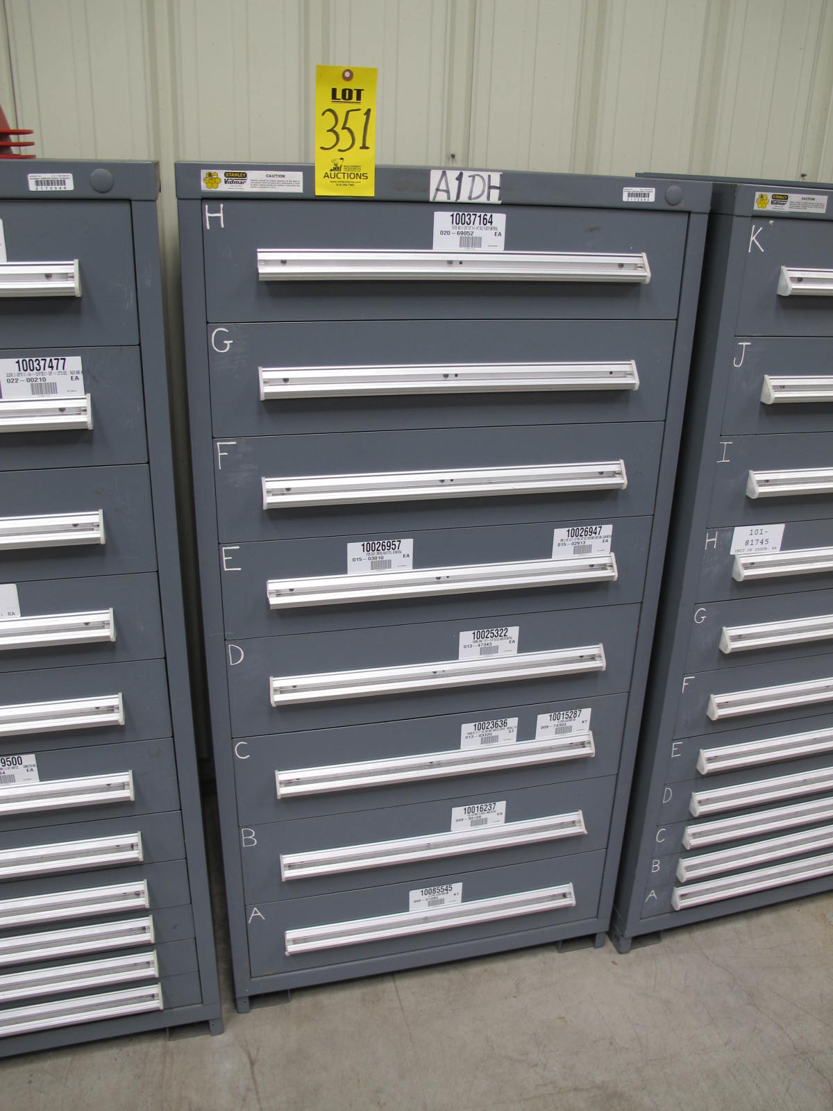 STANLEY VIDMAR CABINET, 8 DRAWER, TO INCLUDE: AIR FILTERS, RELAYS, CONNECTORS. LOCATED AT W-44. LOADING AND HANDLING FEE $25-351