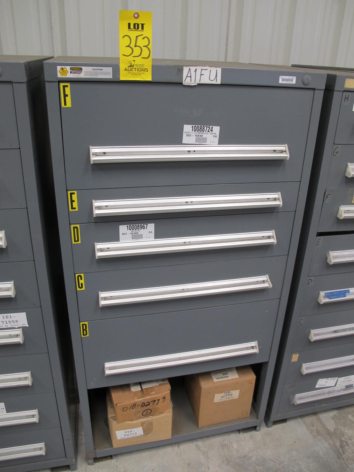STANLEY VIDMAR CABINET, 5 DRAWER, TO INCLUDE: RELIEF VALVES, ELECTRICAL CONNECTORS, PRINTED CIRCUIT BOARDS, UNDER VOLTAGE DEVICES, MECHANICAL SPLICERS. LOCATED AT W-44. LOADING AND HANDLING FEE $25-353