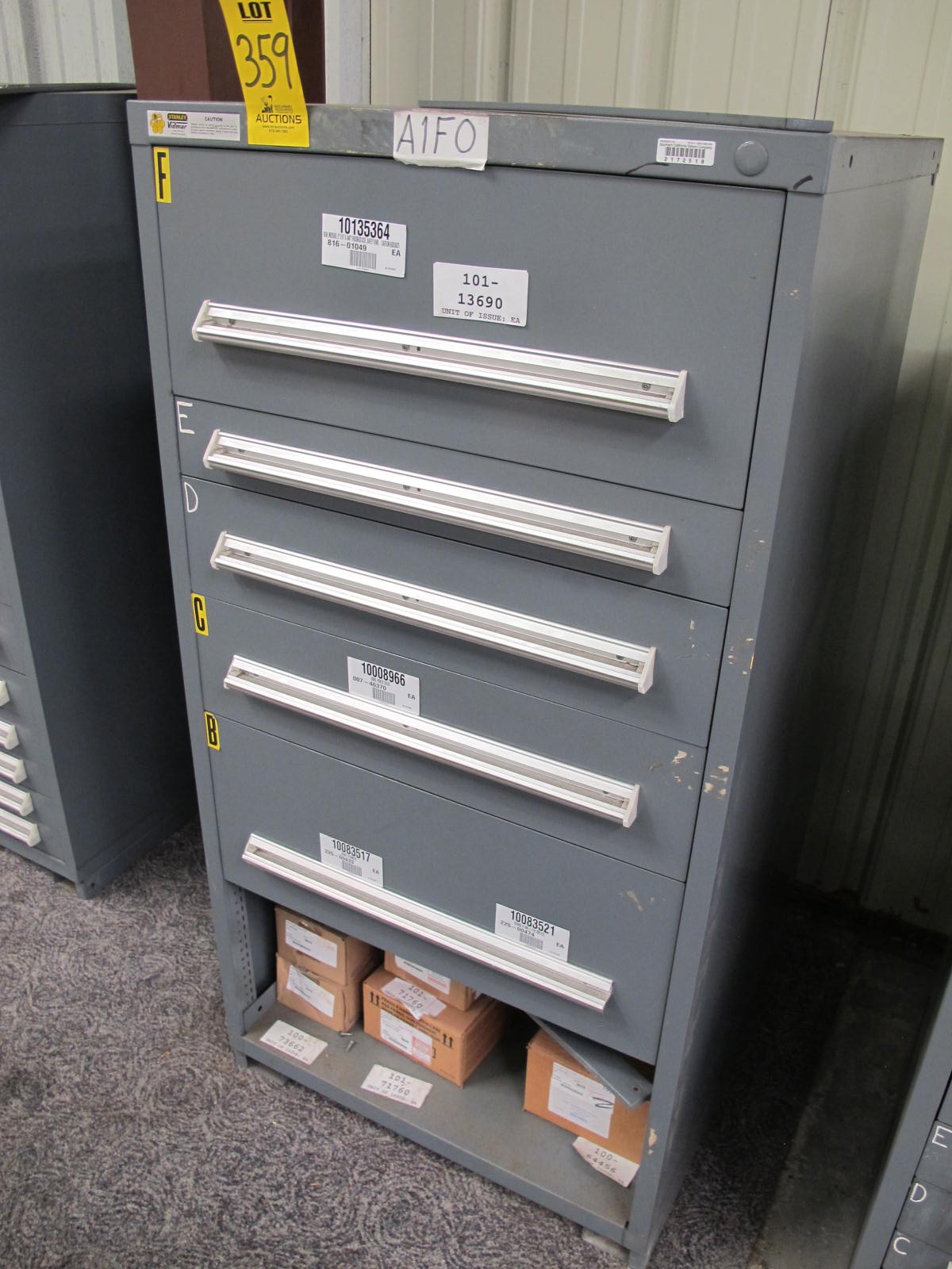 STANLEY VIDMAR CABINET, 5 DRAWER, TO INCLUDE: PIPE NIPPLES, CONNECTORS, SOLENOID VALVES, PRINTED CIRCUIT BOARDS. LOCATED AT W-44. LOADING AND HANDLING FEE $25-359