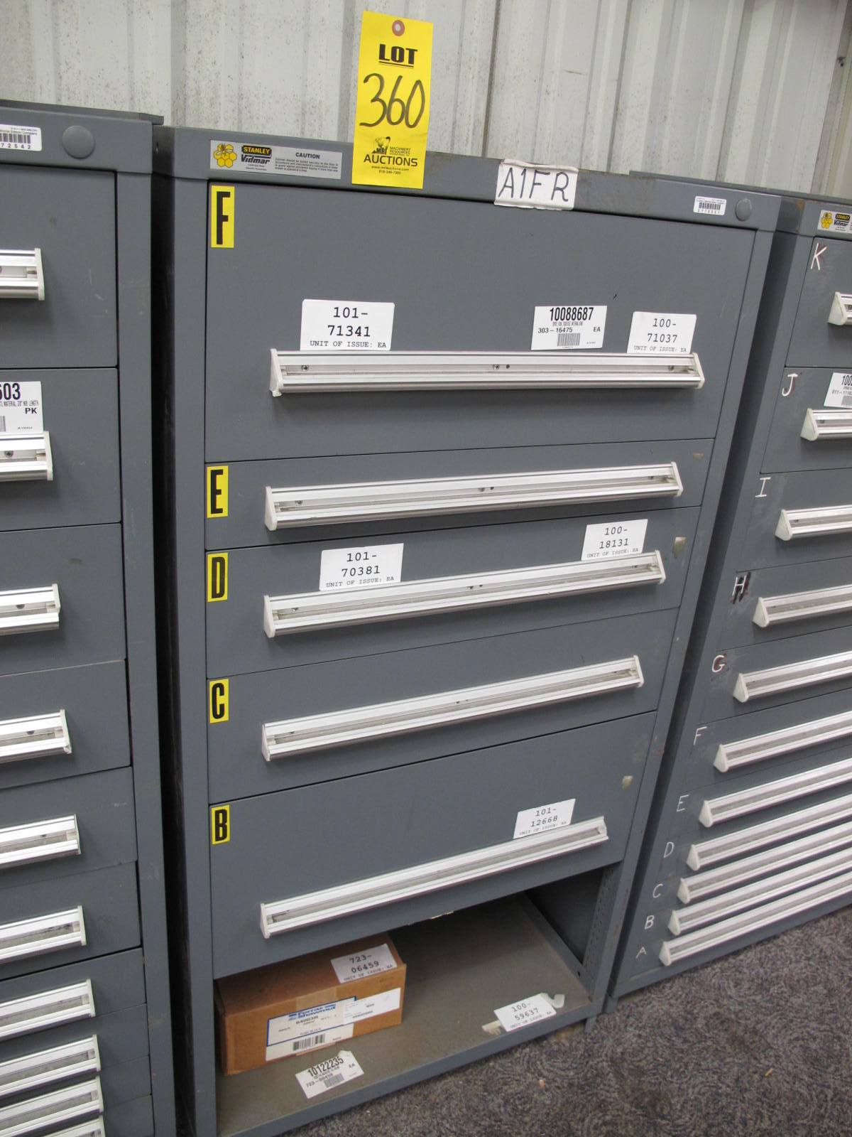 STANLEY VIDMAR CABINET, 5 DRAWER, TO INCLUDE: VALVE ASSEMBLIES, WORM GEAR TEETH, BOLTS, VALVE OPERATORS, FLANGE COUPLINGS, . LOCATED AT W-44. LOADING AND HANDLING FEE $25-360