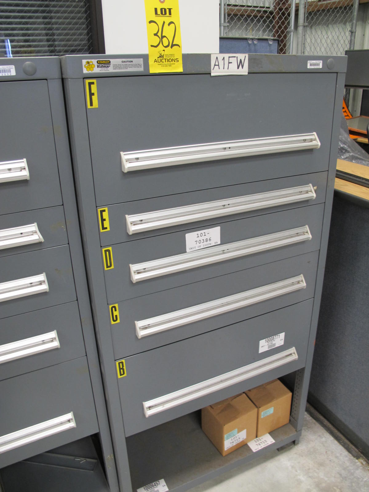 STANLEY VIDMAR CABINET, 5 DRAWER, TO INCLUDE: BALL VALVES, GLOBE VALVE, 1000 AMP SHUNT, HOSE CLAMPS, INDICATORS. LOCATED AT W-44. LOADING AND HANDLING FEE $25-362