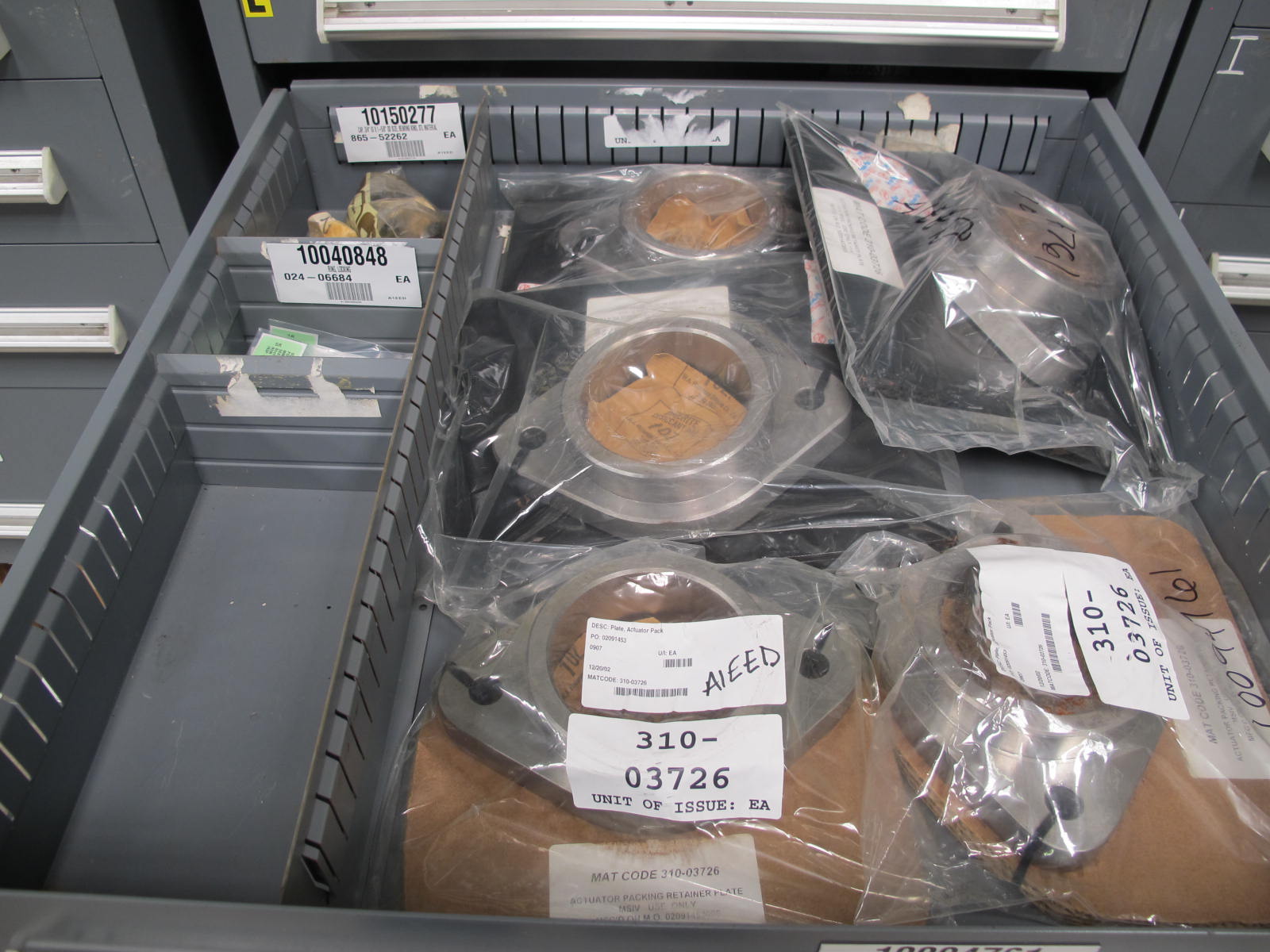 STANLEY VIDMAR CABINET, 5 DRAWER, TO INCLUDE: RELAYS, CONTACT BLOCKS, AIR COMPRESSOR PARTS, RELIEF VALVE. LOCATED AT W-44. LOADING AND HANDLING FEE $25-365