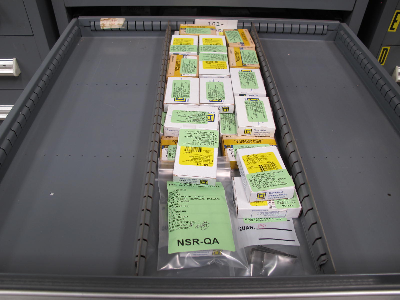 STANLEY VIDMAR CABINET, 5 DRAWER, TO INCLUDE: OVERLOAD RELAY THERMAL UNITS, REDUCER CONDUITS, PRINTED CIRCUIT BOARD. LOCATED AT W-44. LOADING AND HANDLING FEE $25-366