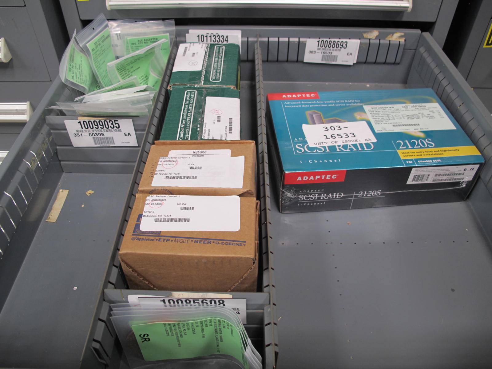 STANLEY VIDMAR CABINET, 5 DRAWER, TO INCLUDE: OVERLOAD RELAY THERMAL UNITS, REDUCER CONDUITS, PRINTED CIRCUIT BOARD. LOCATED AT W-44. LOADING AND HANDLING FEE $25-366