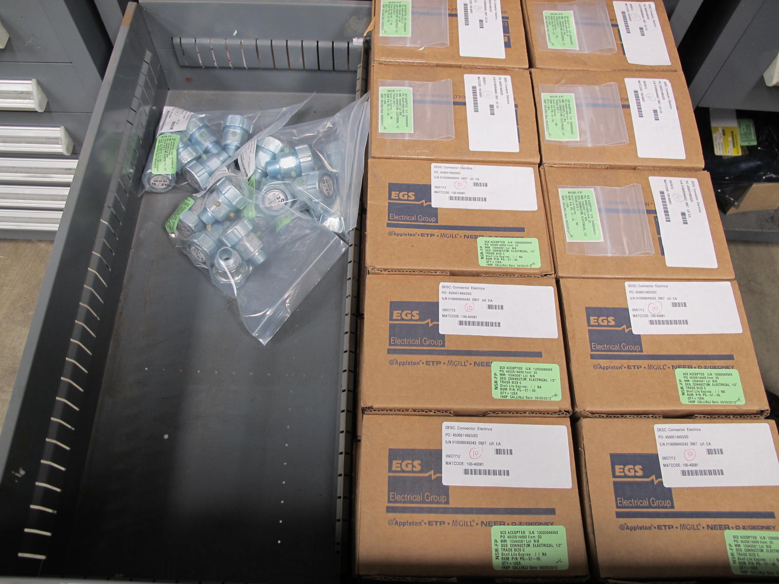 STANLEY VIDMAR CABINET, 5 DRAWER, TO INCLUDE: OVERLOAD RELAY THERMAL UNITS, REDUCER CONDUITS, PRINTED CIRCUIT BOARD. LOCATED AT W-44. LOADING AND HANDLING FEE $25-366