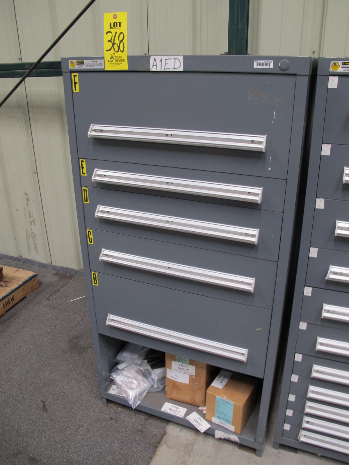 STANLEY VIDMAR CABINET, 5 DRAWER, TO INCLUDE: CAPACITORS, DETECTORS, CONTROL VALVES, TUBE CONNECTORS, COMPRESSOR VALVES, SEAT VALVES, RECTIFIERS, CONNECTOR, MOTOR CHART DRIVES. . LOCATED AT W-44. LOADING AND HANDLING FEE $25-368