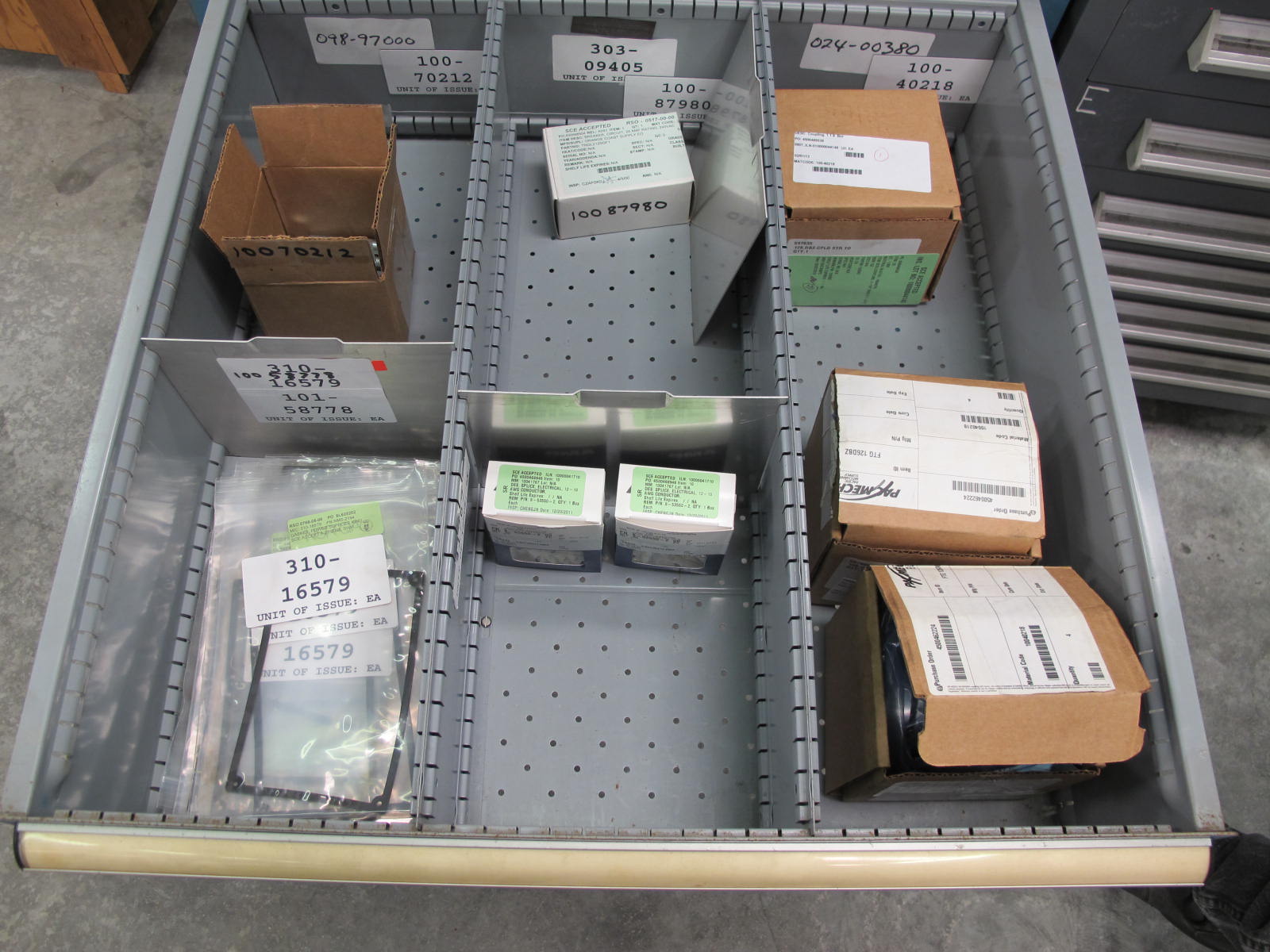 LISTA CABINET, 10 DRAWER, TO INCLUDE: RELAYS, CIRCUITS, REDUCERS, COCK VALVE, COUPLINGS, ELECTRICAL CONDUCTORS. LOCATED AT W-44. LOADING AND HANDLING FEE $25-369