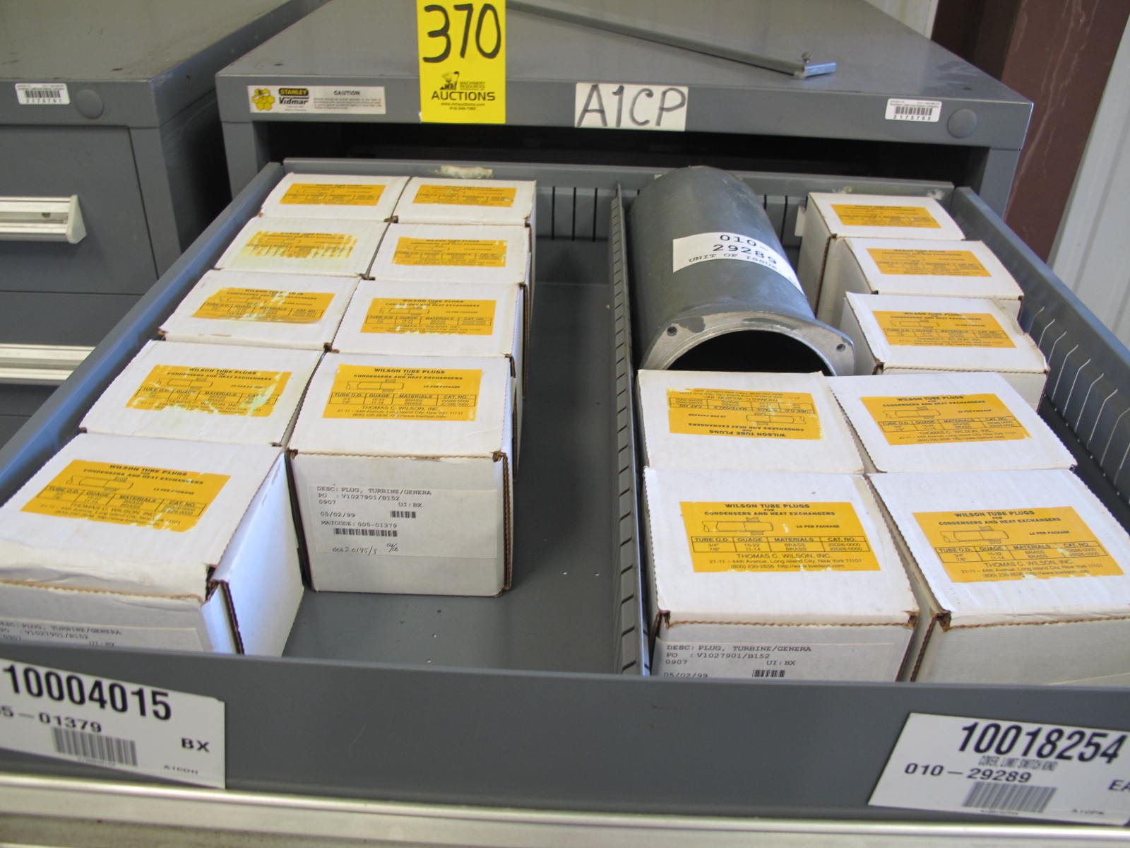 STANLEY VIDMAR CABINET, 11 DRAWER, TO INCLUDE: TUBE PLUGS, VALVES, SPRINGS, PINS, CIRCUIT BREAKERS, CAPACITORS. LOCATED AT W-44. LOADING AND HANDLING FEE $25-370