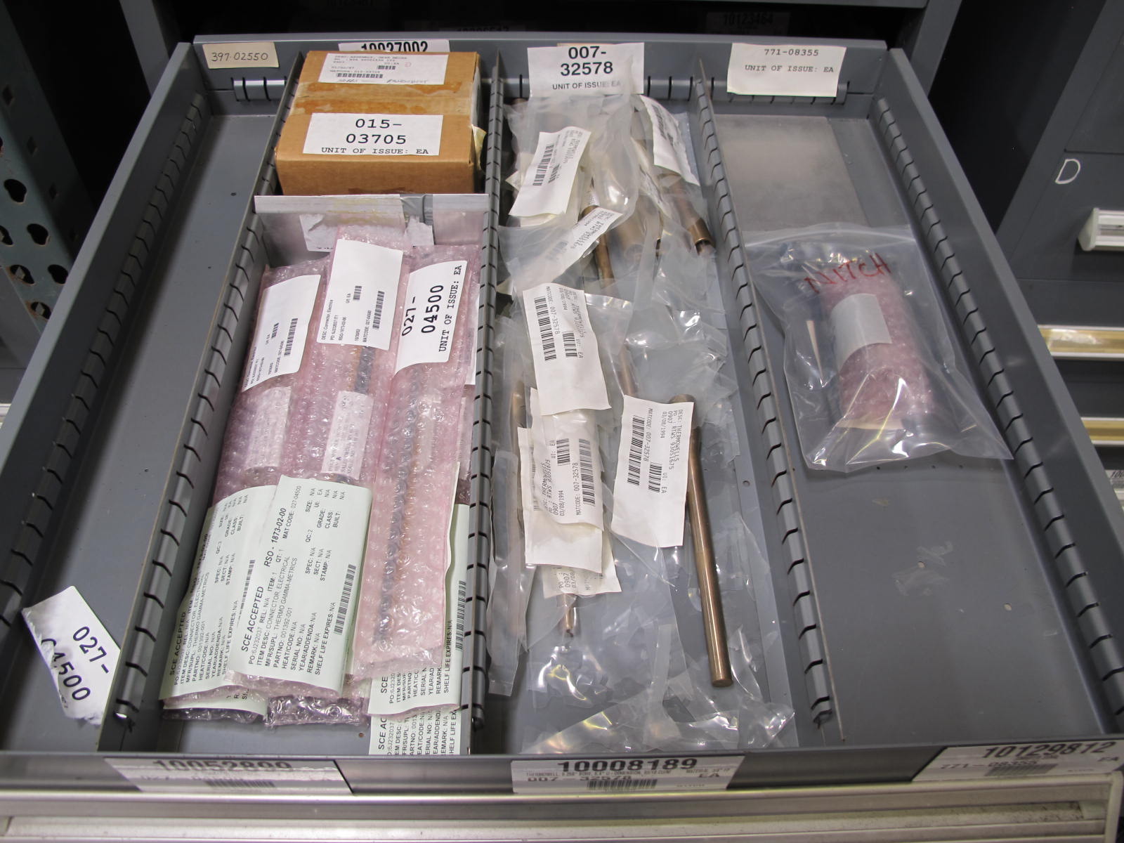 STANLEY VIDMAR CABINET, 11 DRAWER, TO INCLUDE: BIFURCATED CONTACTS, HINGES, BRACKETS, CORDS, MISC MODULES, THERMOWELLS, ELECTRICAL CONNECTORS, PROTECTORS, ELECTRIC VOLT METERS, PROBES. LOCATED AT W-50 . LOADING AND HANDLING FEE $25-373