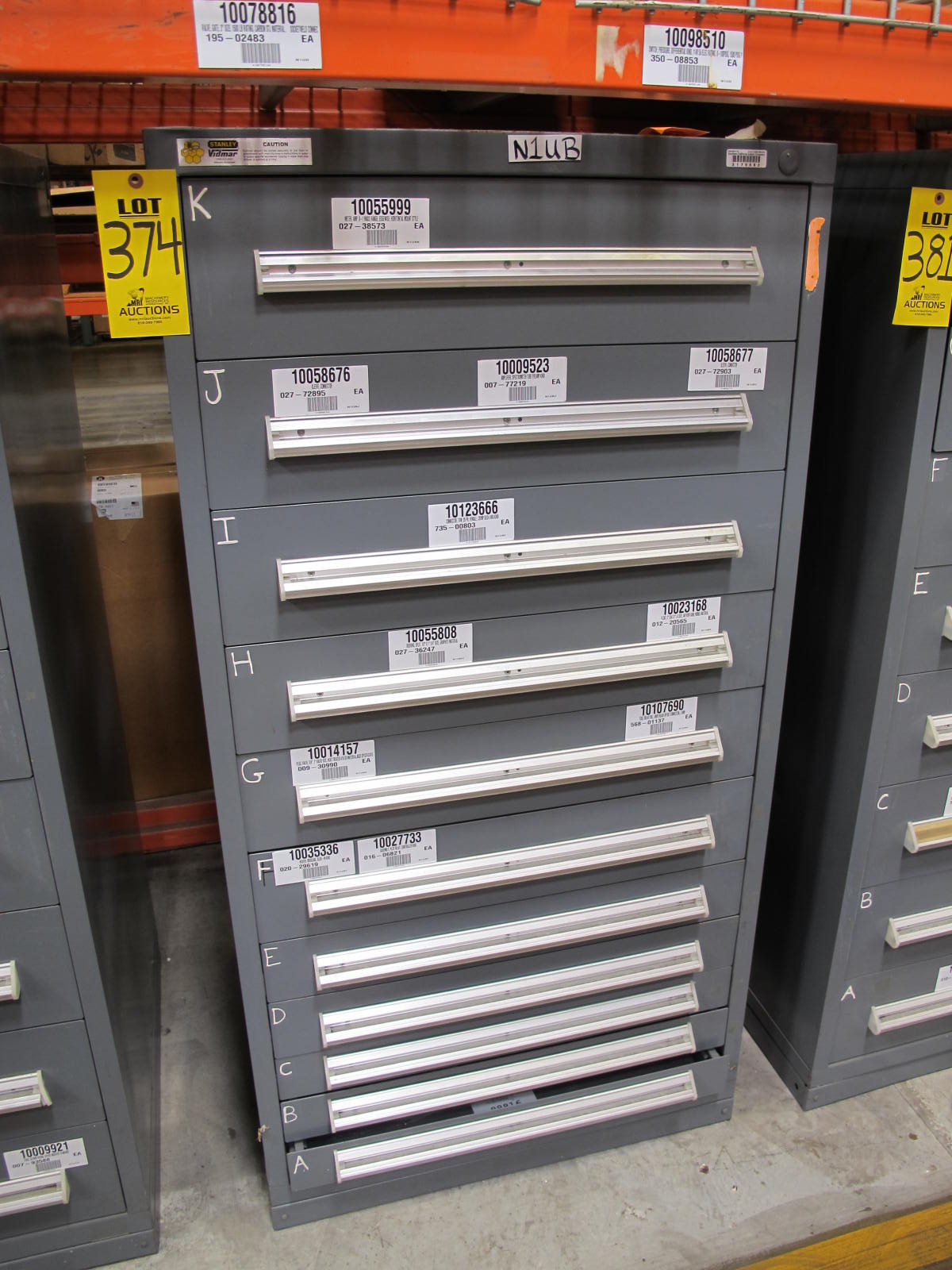STANLEY VIDMAR CABINET, 11 DRAWER, TO INCLUDE: AMP METER, THERMOSTAT, TRANSMITTER ASSEMBLY, CONNECTOR SLEEVES, SPECTROME AMPLIFIER, PILOT RELAY, FUSES, FLOAT MONELS, CORDS. LOCATED AT W-50 . LOADING AND HANDLING FEE $25-374