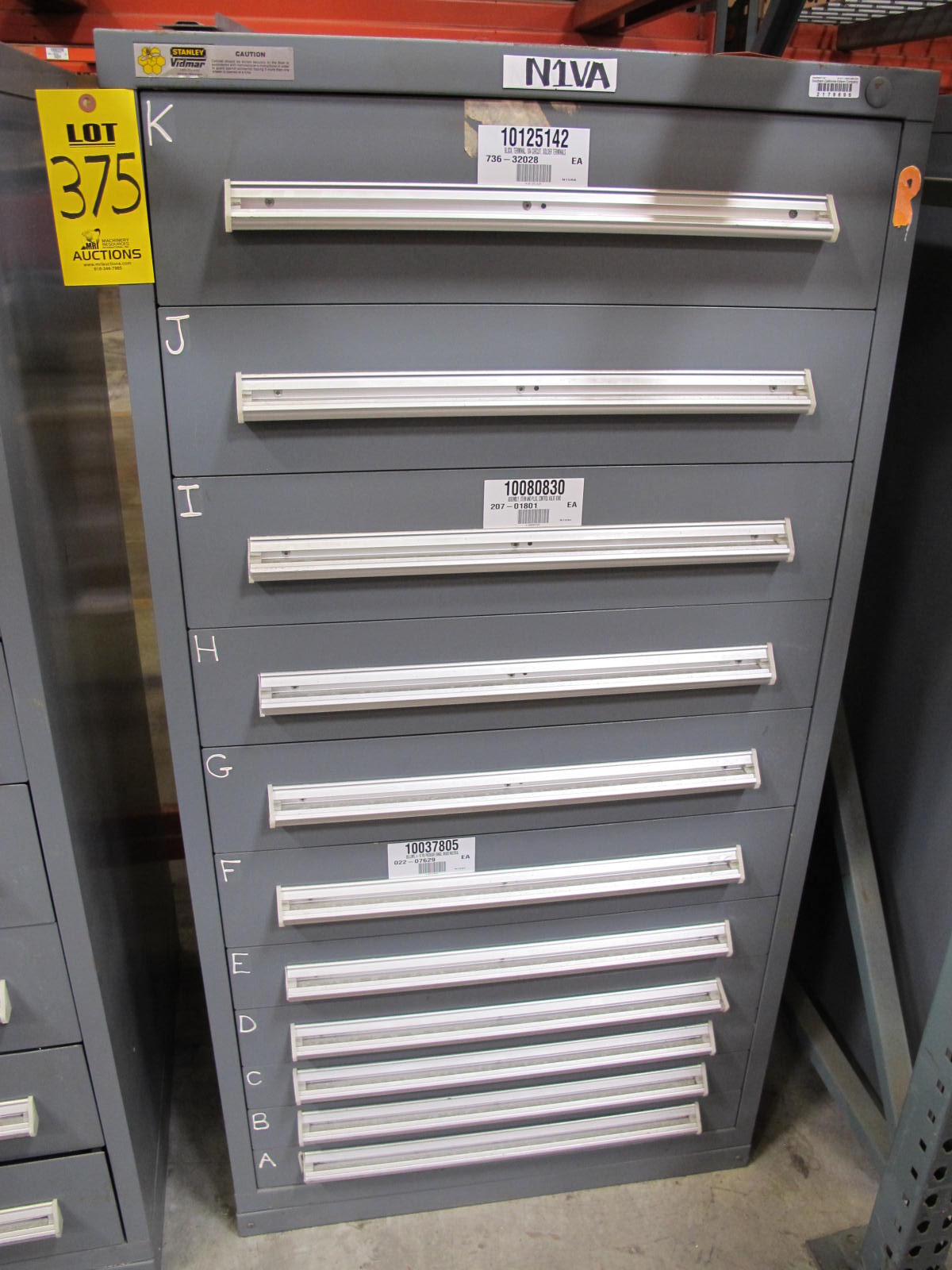 STANLEY VIDMAR CABINET, 11 DRAWER, TO INCLUDE: TERMINAL BLOCKS, PILOT LIGHTS, BELLOWS, SHAFTS, CAPS, PLUG VALVES, CIRCUITS . LOCATED AT W-50 . LOADING AND HANDLING FEE $25-375