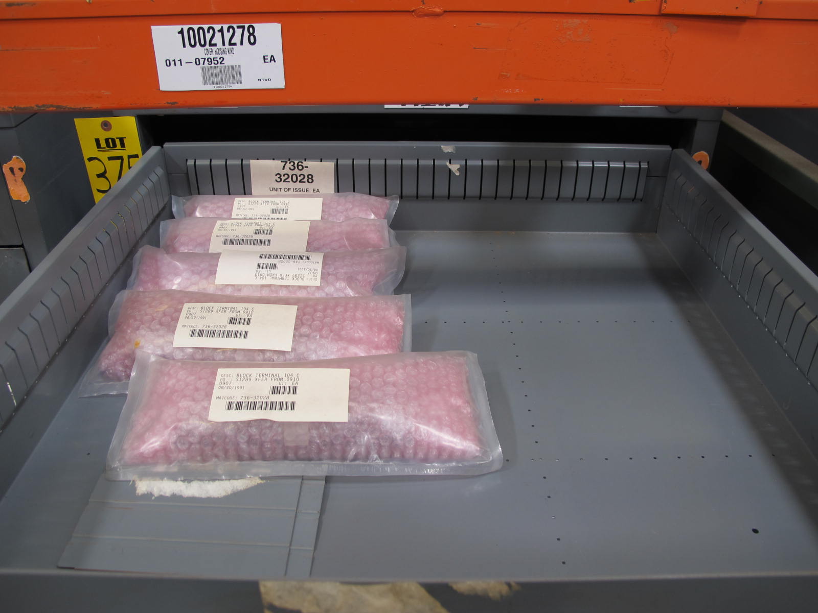 STANLEY VIDMAR CABINET, 11 DRAWER, TO INCLUDE: TERMINAL BLOCKS, PILOT LIGHTS, BELLOWS, SHAFTS, CAPS, PLUG VALVES, CIRCUITS . LOCATED AT W-50 . LOADING AND HANDLING FEE $25-375