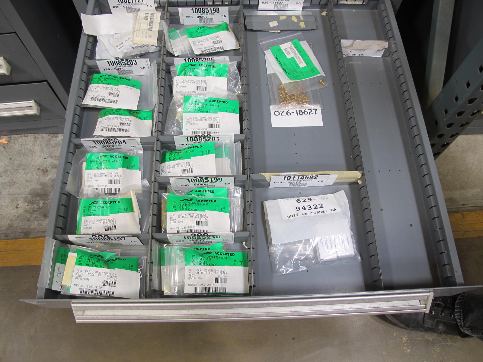 STANLEY VIDMAR CABINET, 11 DRAWER, TO INCLUDE: TERMINAL BLOCKS, PILOT LIGHTS, BELLOWS, SHAFTS, CAPS, PLUG VALVES, CIRCUITS . LOCATED AT W-50 . LOADING AND HANDLING FEE $25-375