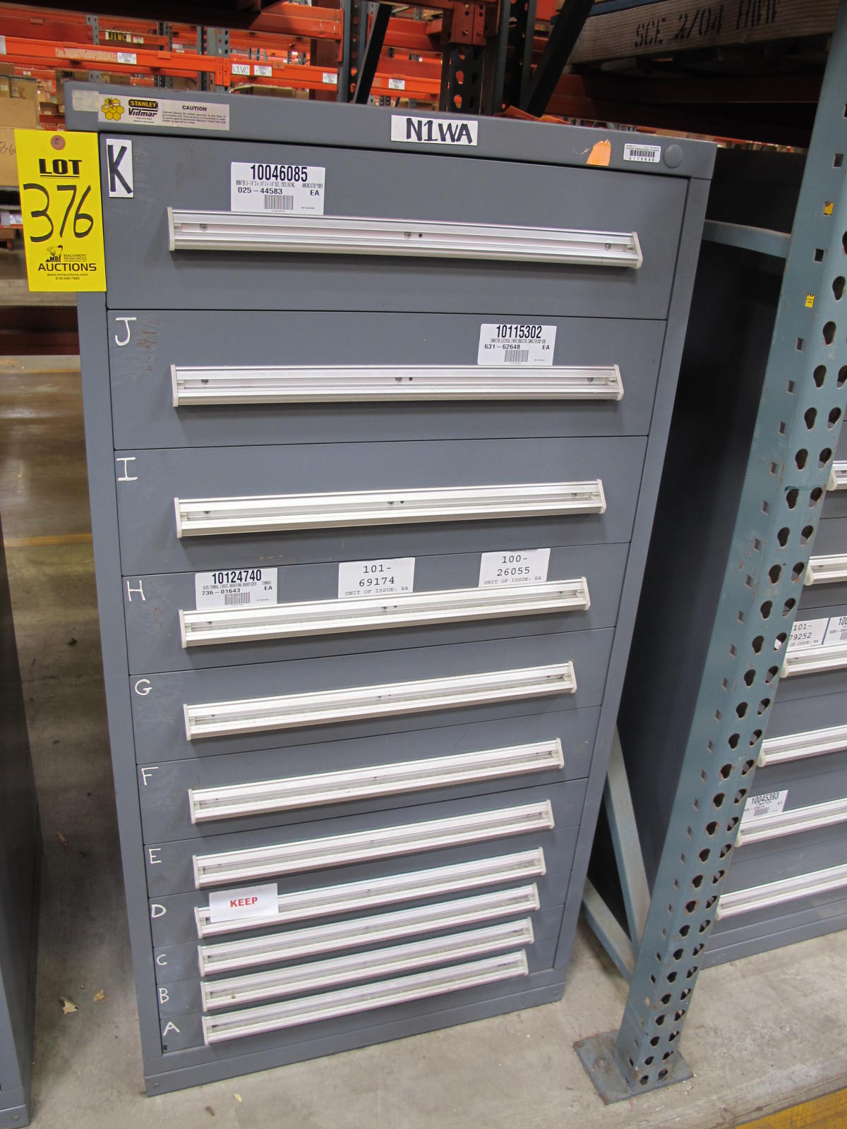 STANLEY VIDMAR CABINET, 11 DRAWER, TO INCLUDE: POWER MONITORS, ELECTRICAL CONNECTORS, CONDUCTORS, COMPRESSOR CIRCUITS, TERMINAL BLOCKS, HEX NUTS, LED LIGHTS, MODULES, VOLT METERS. LOCATED AT W-50 . LOADING AND HANDLING FEE $25-376