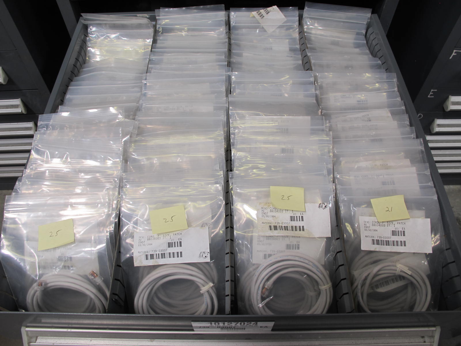 STANLEY VIDMAR CABINET, 8 DRAWER, TO INCLUDE: LIGHT BULBS, SWITCHES, PLUGS, RADIO ANTENNAS, CONTACT BLOCKS, CIRCUITS, SURGE PROTECTORS, SOCKETS, CORDS. LOCATED AT W-50 . LOADING AND HANDLING FEE $25-380