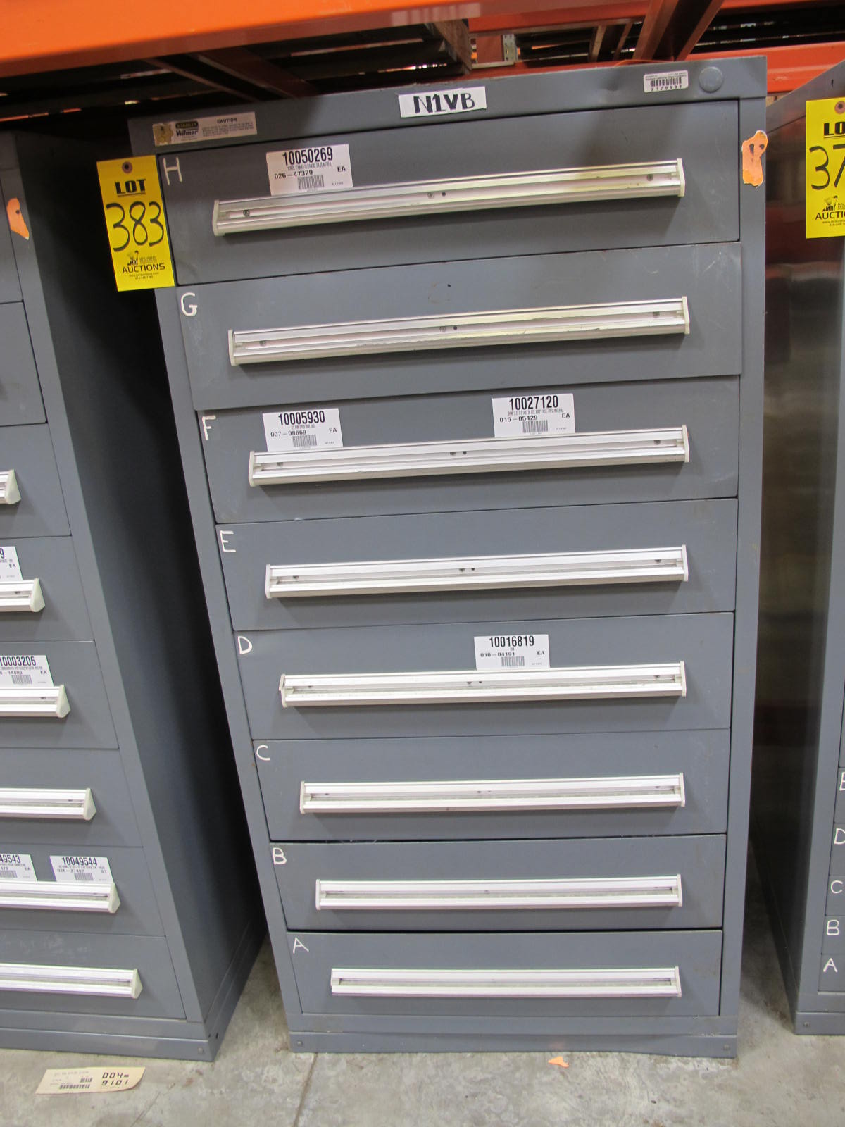 STANLEY VIDMAR CABINET, 8 DRAWER, TO INCLUDE: SCREEN FILTERS, METERING TUBES, TERMINAL WIRES, RELAYS, PRESSURE GAUGE, BRASS SHAFTS, ROTAMETERS, PINS, RINGS. LOCATED AT W-50 . LOADING AND HANDLING FEE $25-383