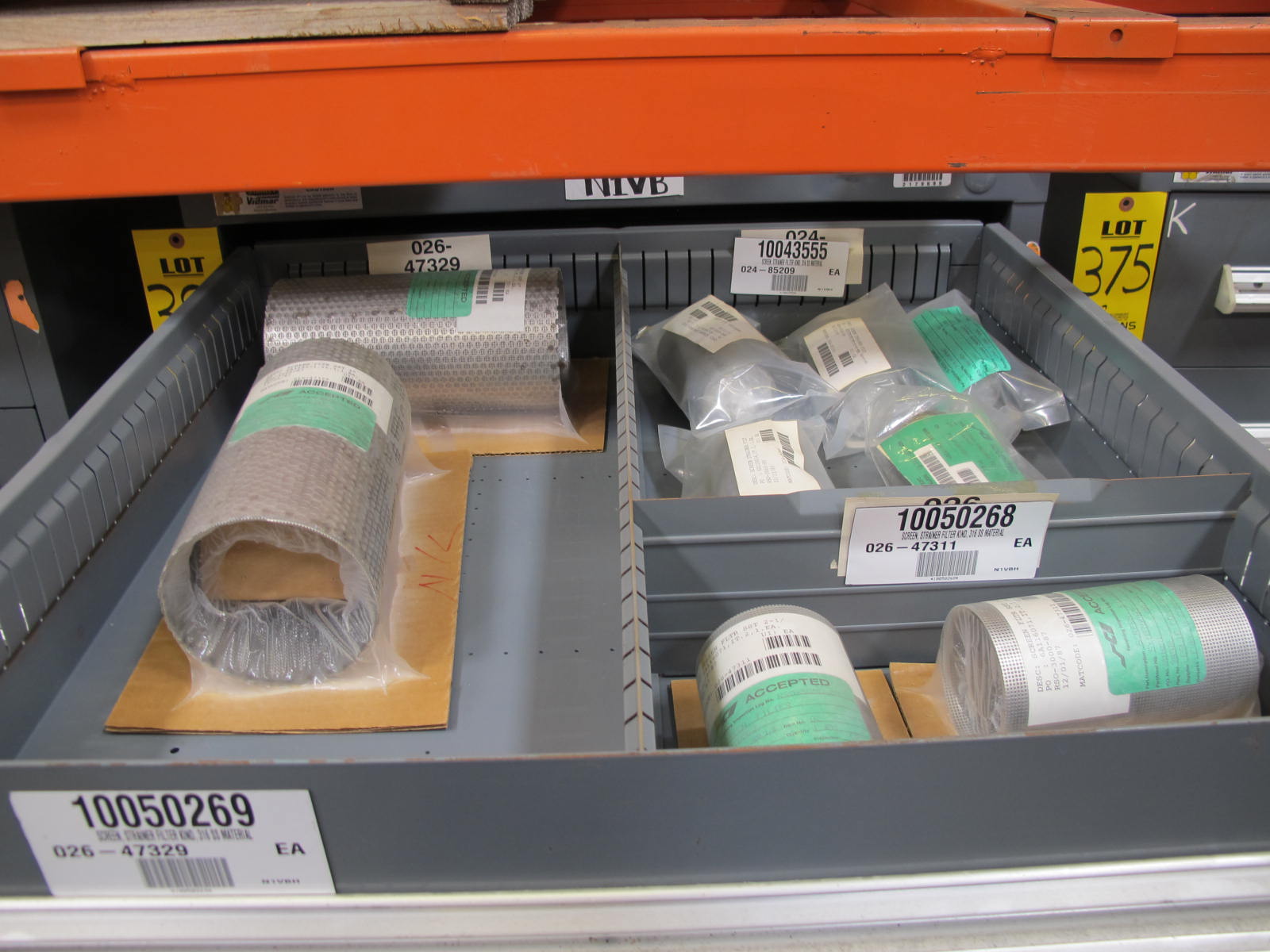 STANLEY VIDMAR CABINET, 8 DRAWER, TO INCLUDE: SCREEN FILTERS, METERING TUBES, TERMINAL WIRES, RELAYS, PRESSURE GAUGE, BRASS SHAFTS, ROTAMETERS, PINS, RINGS. LOCATED AT W-50 . LOADING AND HANDLING FEE $25-383