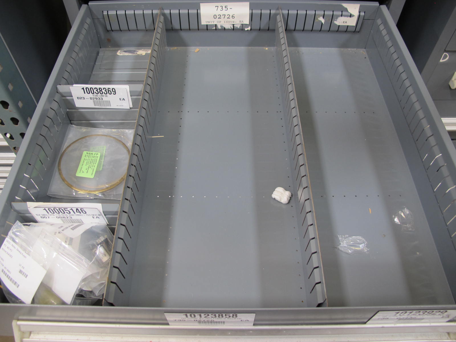 STANLEY VIDMAR CABINET, 8 DRAWER, TO INCLUDE: THERMOMETER, PHONE CORDS, RELAYS, HYGROMETERS, TERMINAL WIRES, FILTERS, MISC BRASS PARTS, SCREW KIT FOR ROSEMOUNT TRANSMITTERS. LOCATED AT W-50 . LOADING AND HANDLING FEE $25-384