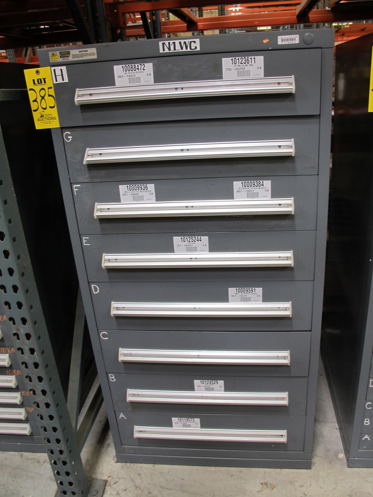 STANLEY VIDMAR CABINET, 8 DRAWER, TO INCLUDE: TERMINAL BLOCK/OUTLETS, BRAKE LINING, MOTOR REPAIR KITS, TEMPERATURE METERS, CONTROLLERS, HEADSETS, MANOMETER SLIDES. LOCATED AT W-50 . LOADING AND HANDLING FEE $25-385