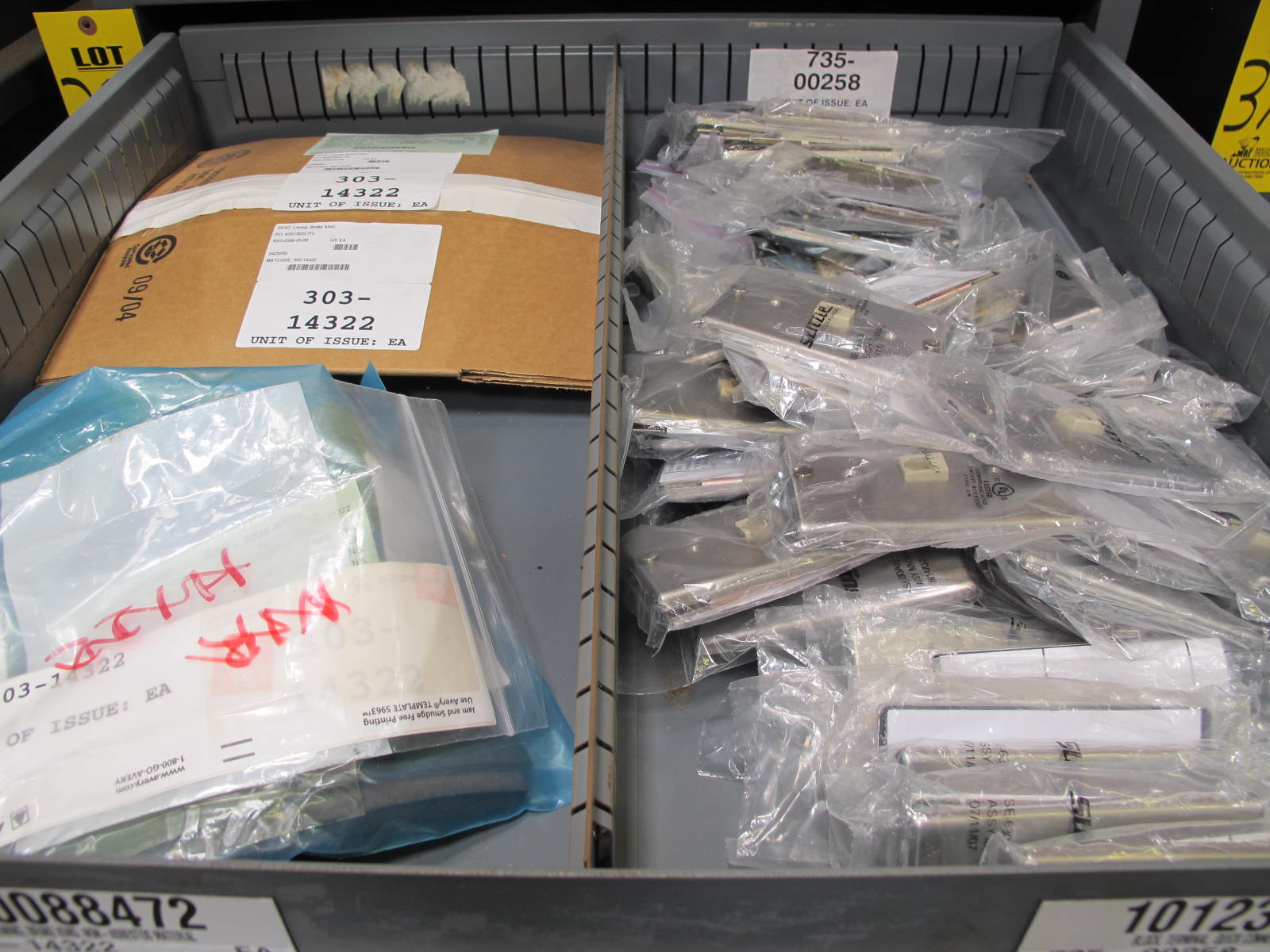 STANLEY VIDMAR CABINET, 8 DRAWER, TO INCLUDE: TERMINAL BLOCK/OUTLETS, BRAKE LINING, MOTOR REPAIR KITS, TEMPERATURE METERS, CONTROLLERS, HEADSETS, MANOMETER SLIDES. LOCATED AT W-50 . LOADING AND HANDLING FEE $25-385