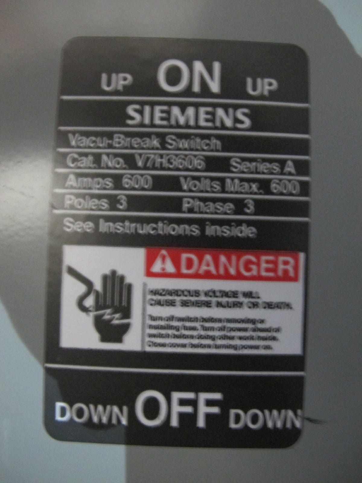 INDUSTRIAL ELECTRIC MANUFACTURING, MOTOR CONTROL CENTER, VOLTS 480, 60 HZ, THREE PHASE, SECTION AMPS 2000, SUPPLY AMPS 4000, R.M.S SYMMETRICAL AMPS 65000, 3 COLUMN WITH (8) SIEMENS VACU-BRAKE SWITCH BREAKERS. 600 AMP, 600 VOLT MAX, THREE POLE, THREE PHASE, (1) SIEMENS VACU-BRAKE SWITCH BREAKER, 400 AMP, 400 MAX VOLTS, THREE POLE, THREE PHASE. LOCATED AT W-50 . LOADING AND HANDLING FEE $200-387