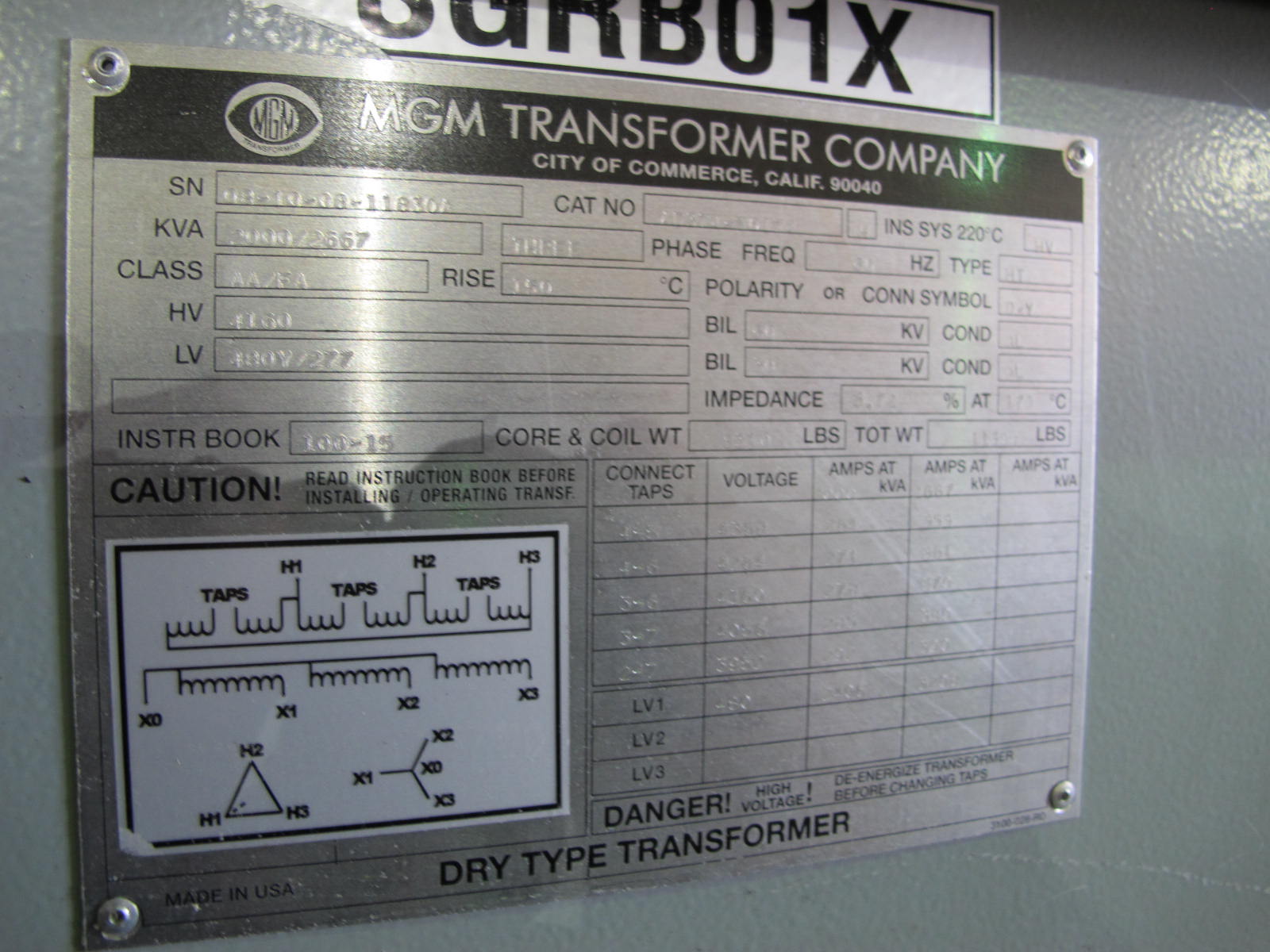 MGM DRY TYPE TRANSFORMER, 2000/2667 KVA, 3 PHASE, 60 HZ, TYPE-HT, CLASS AA/FA/, 4160 HV, 480 Y/277 LV, CAT # AD374-Y0174, S/N 08-10-00-11830A. LOCATED AT W-50 . LOADING AND HANDLING FEE $200-388