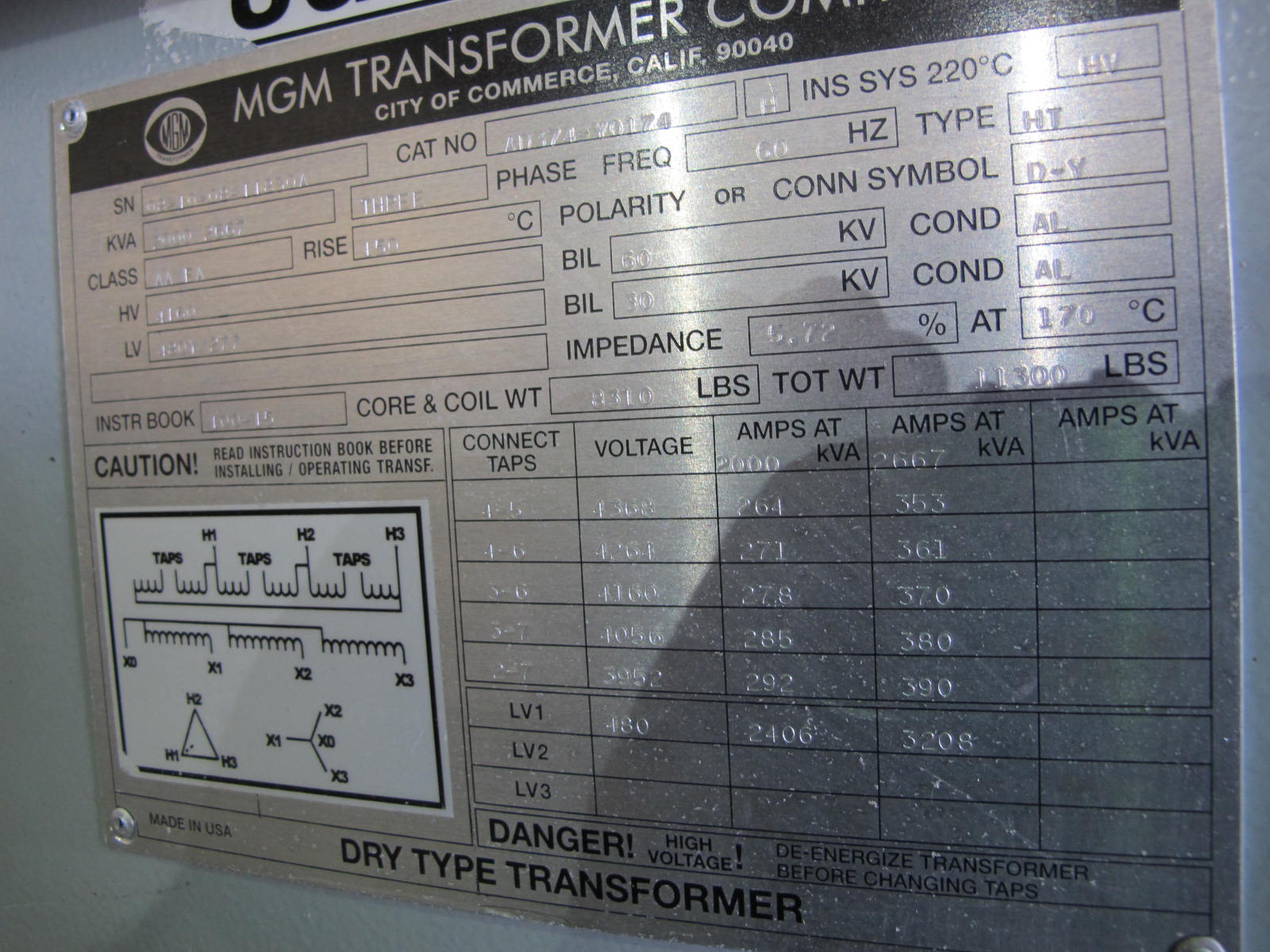 MGM DRY TYPE TRANSFORMER, 2000/2667 KVA, 3 PHASE, 60 HZ, TYPE-HT, CLASS AA/FA/, 4160 HV, 480 Y/277 LV, CAT # AD374-Y0174, S/N 08-10-00-11830A. LOCATED AT W-50 . LOADING AND HANDLING FEE $200-388