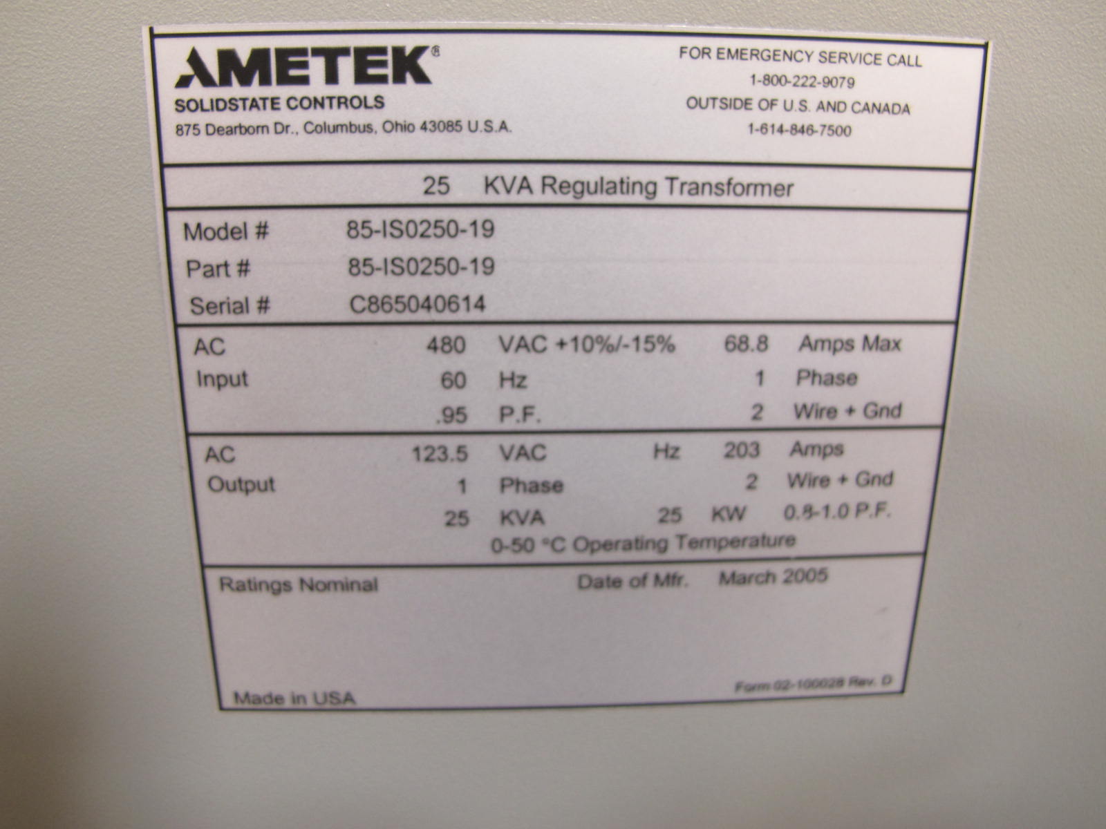 AMETEK TRANSFORMER, REGULATING KIND, SINGLE PHASE, 25 KVA, 480 INPUT, 120VAC OUTPUT VOLT RATING. ECP 020801575-14900-3 STYLE, SS INTERNALS TRIM, PILOT OPERATOR. WITH INCONBEL DISC SPRING ON MAIN VALVE. LOCATED AT W-50 . LOADING AND HANDLING FEE $25-392