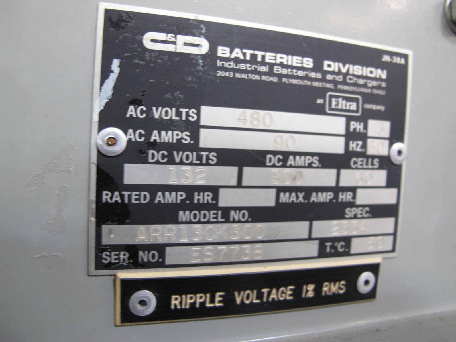 C&D TECHNOLOGIES BATTERY CHARGER, MODEL # ARR130A300, 132 VOLTS, 300 AMPS, 3 PHASE, 60 HZ, 60 CELLS, S/N ES7738. LOCATED AT W-50 . LOADING AND HANDLING FEE $25-394