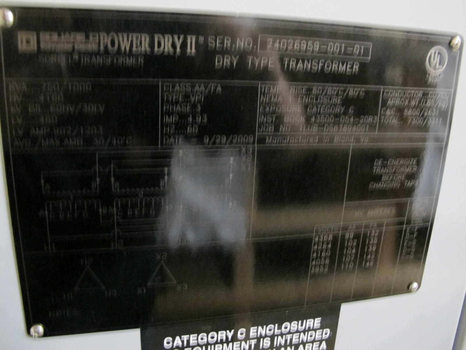 SQUARE-D, TRANSFORMER, DRY, MODEL POWER DRY II, 750 KVA, SELF-COOLED KIND, 3 PHASE, 4160D/480D VOLT RATING.. LOCATED AT W-50 . LOADING AND HANDLING FEE $25-405