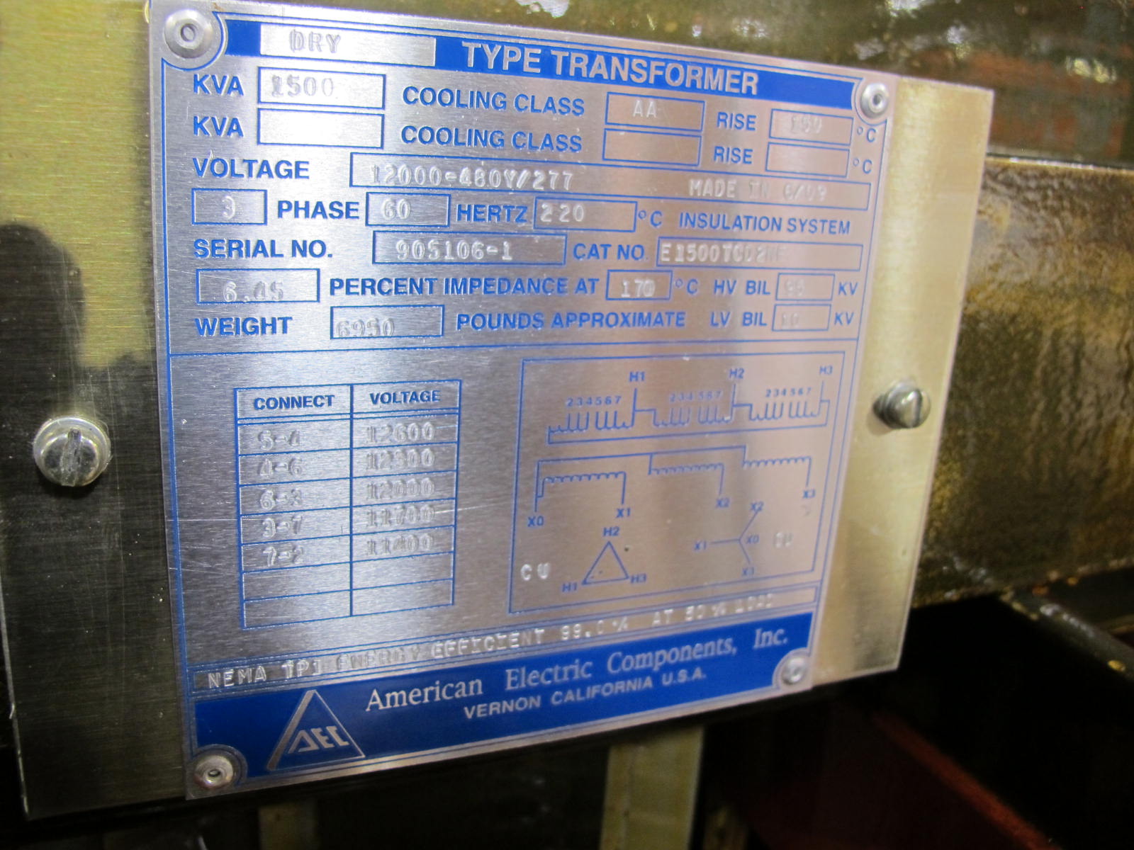 AMERICAN ELECTRIC COMPONENTS,  TRANSFORMER, DRY TYPE, 1500KVA, COPPER WOUND, RETROFITTED TO MATCH ITE SAMPLE SIE-1375APAA,model # 1-IE-4-S. LOCATED AT W-50 . LOADING AND HANDLING FEE $25-406