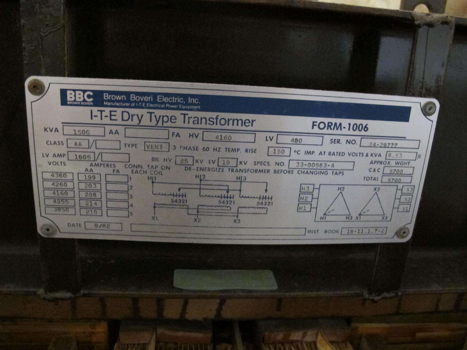 BROWN BOVERI, TRANSFORMER, 1500 KVA, 4160-480 VOLT RATING. DRY, 150 DEGREE C RISE DELTA DELTA SEC UNIT SUB HV ON RIGHT, FOR 480 VOLT LOAD CENTERS. LOCATED AT W-50 . LOADING AND HANDLING FEE $25-408