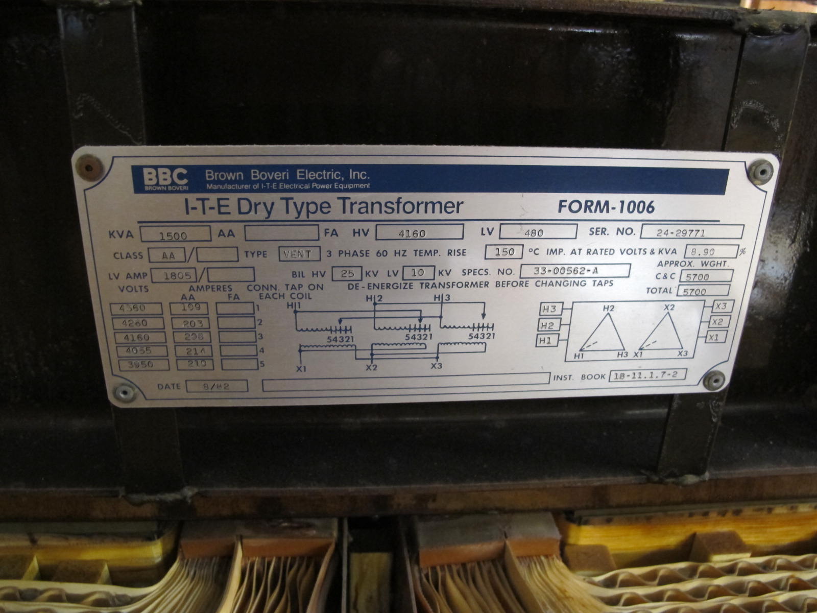 BROWN BOVERI, TRANSFORMER, 1500 KVA, 4160-480 VOLT RATING. DRY, 150 DEGREE C RISE DELTA DELTA SEC UNIT SUB HV ON RIGHT, FOR 480 VOLT LOAD CENTERS. LOCATED AT W-50 . LOADING AND HANDLING FEE $25-409