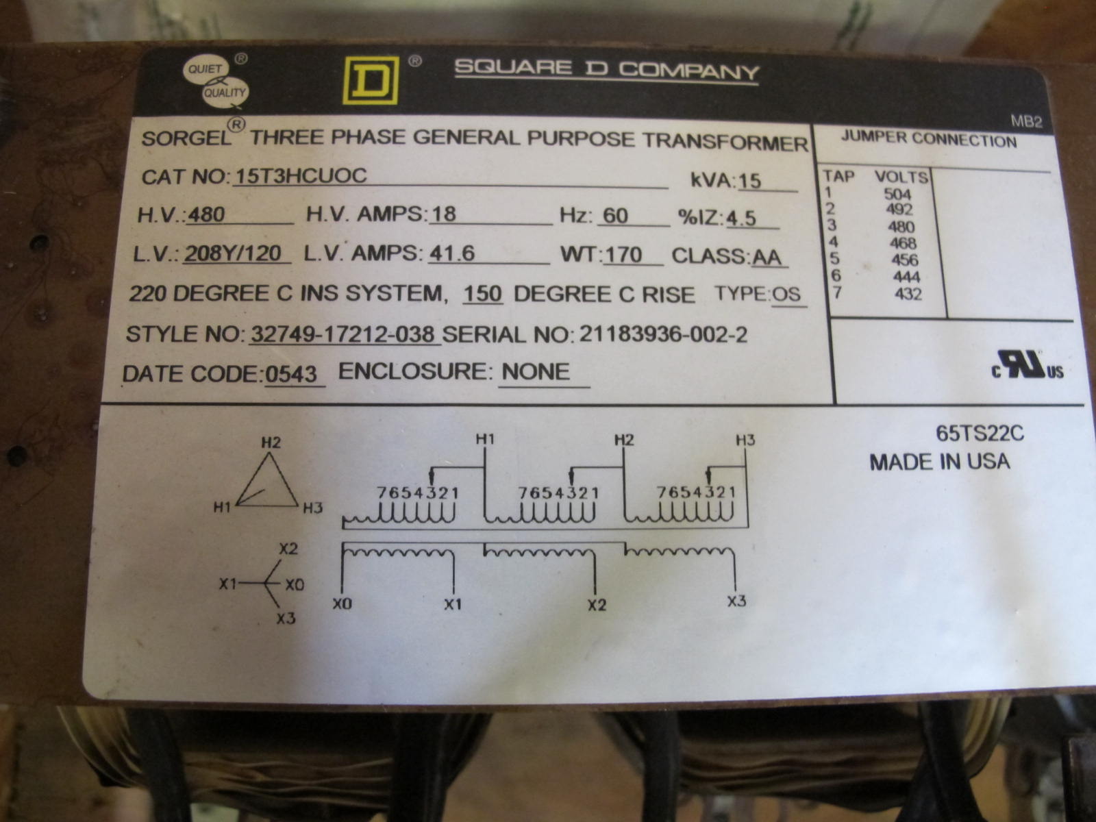 SQUARE-D TRANSFORMER, DRY TYPE, 15 KVA, 480/208Y/120 VOLT RATING, 3 PHASE.. LOCATED AT W-50 . LOADING AND HANDLING FEE $25-413