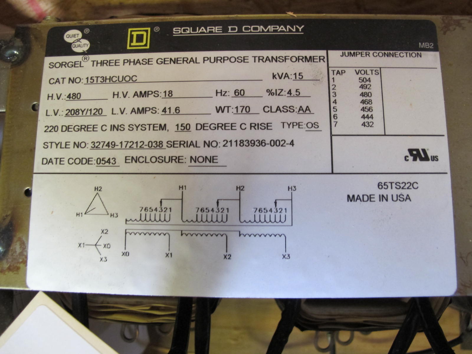 SQUARE-D TRANSFORMER, DRY TYPE, 15 KVA, 480/208Y/120 VOLT RATING, 3 PHASE.. LOCATED AT W-50 . LOADING AND HANDLING FEE $25-414