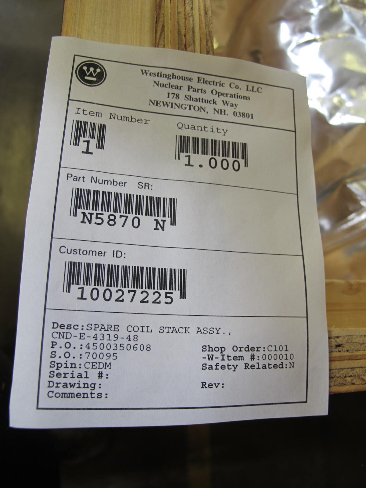 COIL, STACK ASSEMBLY KIND. FOR CONTROL ELEMENT DRIVE MECHANISM. MANUFACTURED TO WESTINGHOUSE DRAWING CND-E-4319 REV.4 "SPARE COIL STACK ASSEMBLY" USING LITTON CONNECTOR P/N CE02ACME-28A-10P.. LOCATED AT W-50 . LOADING AND HANDLING FEE $25-415