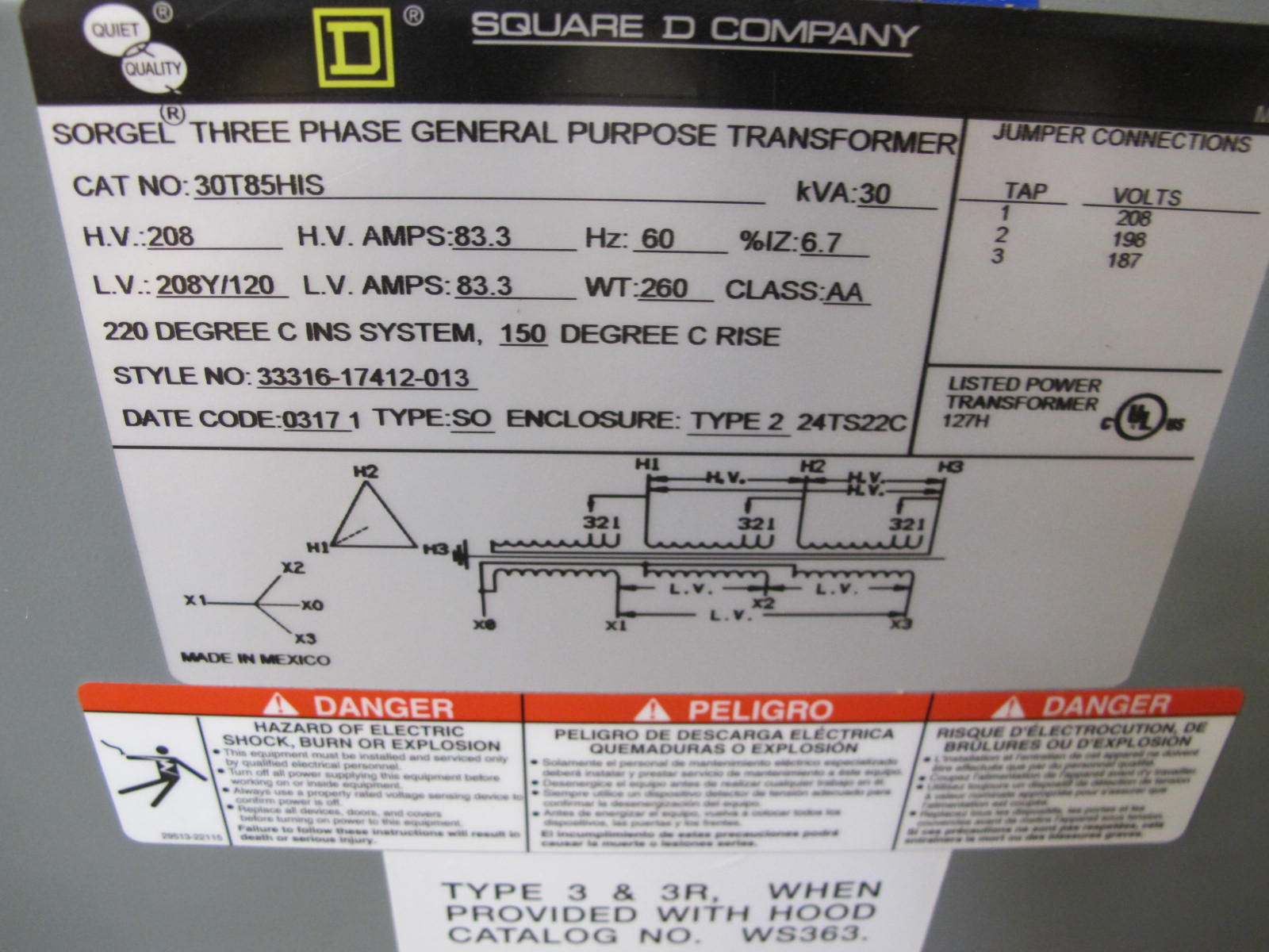 (1) SQUARE-D TRANSFORMER, POWER TYPE, 30KVA RATING, 208V DELTA PRIMARY, 208Y-120VAC SECONDARY. LOCATED AT W-50 . LOADING AND HANDLING FEE $25-430