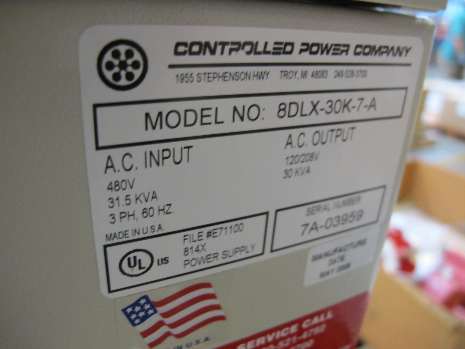 POWER PROCESSOR VOLTAGE REGULATING POWER CONDITIONER, CONTROLLED POWER COMPANY MODEL # 8DLX-30K-7-A. LOCATED AT W-50 . LOADING AND HANDLING FEE $25-432