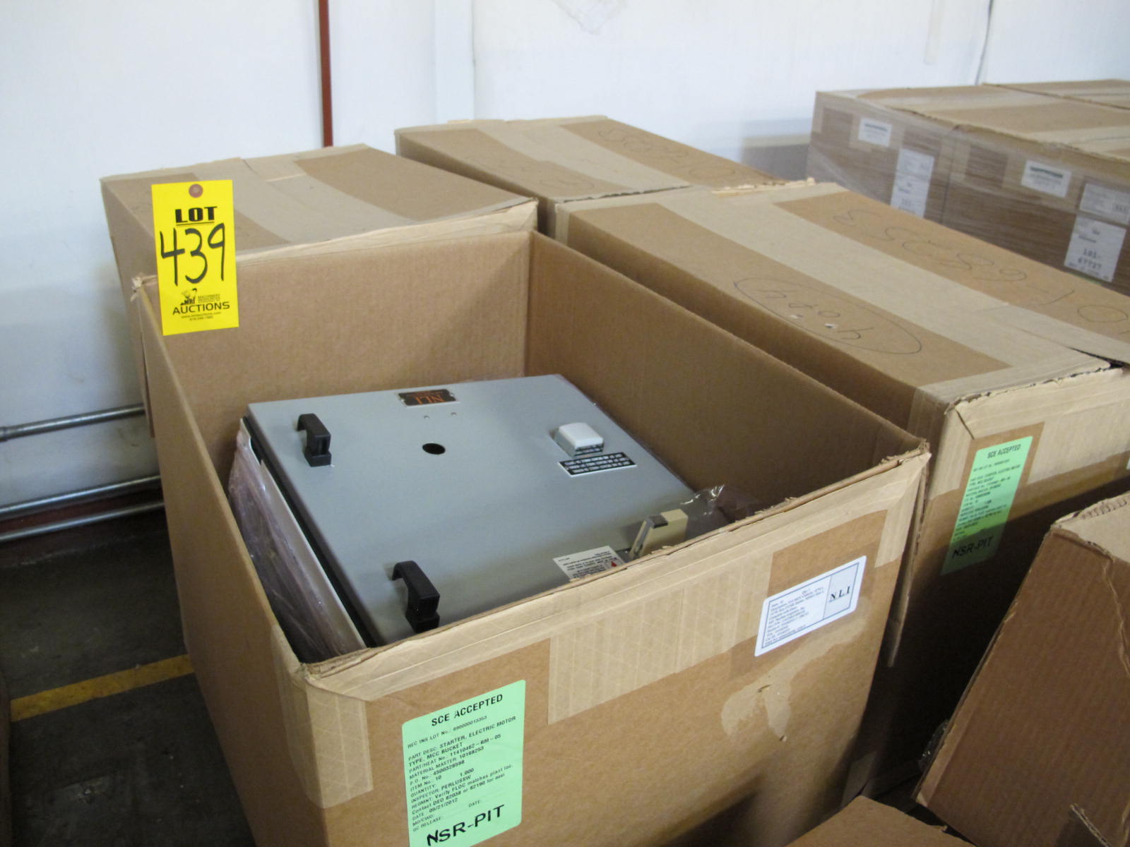 LOT TO INCLUDE NLI STARTERS: (4) STARTER, ELECTRIC MOTOR TYPE, MCC BUCKET KIND, 18"H X 14"W SIZE, 1 NEMA SIZE. COMPLETE WITH DOOR. INCLUDES THE FOLLOWING COMPONENTS: > NEMA SIZE 1 FULL VOLTAGE REVERSING STARTER, WITH   BIMETALLIC OVERLOAD RELAY (INCLUDES THREE HEATERS) > 4NO <(>&<)> 4NCAUXILIARY CONTACTS > 15A MAGNETIC ONLY CIRCUIT BREAKER (HMCP015E0C) > 200VA CURRENT POTENTIAL TRANSFORMER > TWO 2500 OHM 25W RES, (4) STARTER, ELECTRIC MOTOR TYPE, MCC BUCKET KIND, 18"H X 14"W SIZE, 1 NEMA SIZE. COMPLETE WITH DOOR. INCLUDES THE FOLLOWING COMPONENTS: > NEMA SIZE 1 FULL VOLTAGE REVERSING STARTER   (8736SC07V02BSX2222), WITH BIMETALLIC OVERLOAD   RELAY (INCLUDES THREE HEATERS) > 4NO <(>&<)> 4NC AUXILIARY CONTACTS > 15A MAGNETIC ONLY CIRCUIT BREAKER (HMCP015E0C) > 200VA CURRENT POTENTIAL TRANSFORMER. LOCATED AT W-50 . LOADING AND HANDLING FEE $25-439