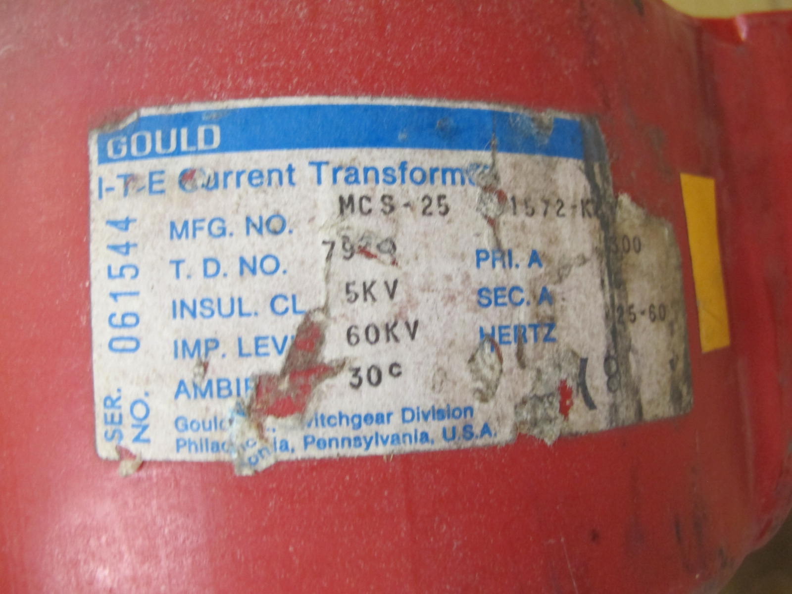 (4) TRANSFORMERS, INSTRUMENT TYPE, CURRENT KIND, 300/5 AMP. TYPE MCS-25 FOR 4160V SWITCHGEAR. LOCATED AT W-50 . LOADING AND HANDLING FEE $25-444