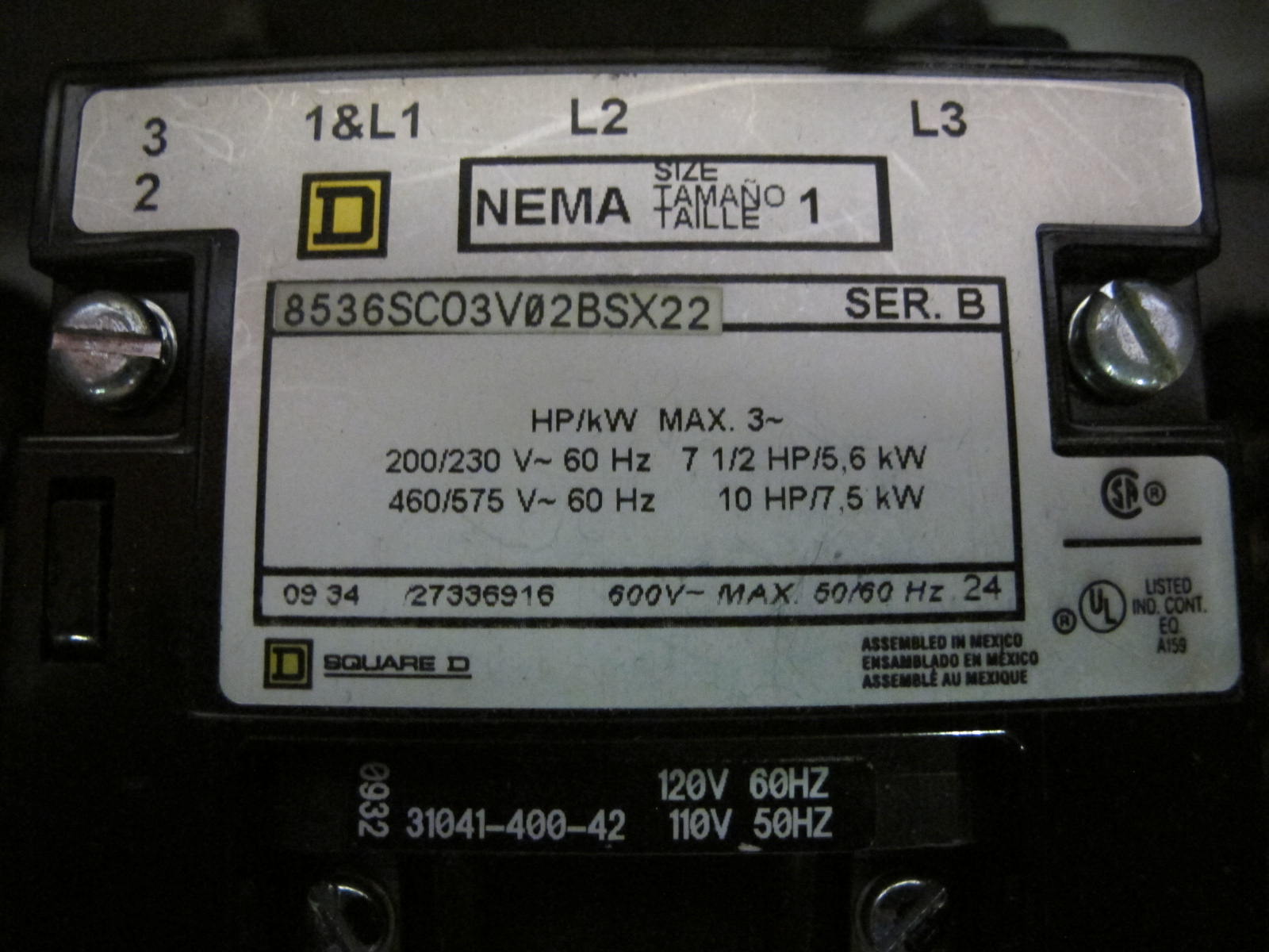 LOT TO INCLUDE NLI STARTERS: (3) STARTER, ELECTRIC MOTOR TYPE, MCC BUCKET KIND, 12"H X 14"W SIZE, 1 NEMA SIZE. COMPLETE WITH DOOR. INCLUDES THE FOLLOWING COMPONENTS: > NEMA SIZE 1 FULL VOLTAGE NON-REVERSING STARTER   (8536SC03V02BSX22), WITH BIMETALLIC OVERLOAD RELAY   (INCLUDES THREE HEATERS) > 4NO <(>&<)> 4NC AUXILIARY CONTACTS > 15A MAGNETIC ONLY CIRCUIT BREAKER (HMCP015E0C) > 150VA CURRENT POTENTIAL TRANSFORM, (3) STARTER, ELECTRIC MOTOR TYPE, MCC BUCKET KIND, 12"H X 14"W SIZE, 1 NEMA SIZE. COMPLETE WITH DOOR. INCLUDES THE FOLLOWING COMPONENTS: > NEMA SIZE 1 FULL VOLTAGE NON-REVERSING STARTER,   WITH BIMETALLIC OVERLOAD RELAY (INCLUDES THREE   HEATERS) > 4NO <(>&<)> 4NC AUXILIARY CONTACTS > 7A MAGNETIC ONLY CIRCUIT BREAKER (HMCP007C0C) > 150VA CURRENT POTENTIAL TRANSFORMER > 18 POINT TERMINAL. LOCATED AT W-50 . LOADING AND HANDLING FEE $25-445