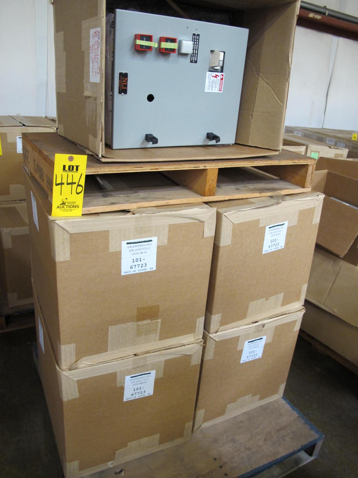 LOT TO INCLUDE NLI STARTERS: (4) STARTER, ELECTRIC MOTOR TYPE, MCC BUCKET KIND, 18"H X 14"W SIZE, 1 NEMA SIZE. Complete with door. INCLUDES THE FOLLOWING COMPONENTS: > NEMA SIZE 1 FULL VOLTAGE REVERSING STARTER, WITH   BIMETALLIC OVERLOAD RELAY (INCLUDES THREE HEATERS) > 4NO <(>&<)> 4NCAUXILIARY CONTACTS > 7A MAGNETIC ONLY CIRCUIT BREAKER (HMP007C0C) > 200VA CURRENT POTENTIAL TRANSFORMER, (1). LOCATED AT W-50 . LOADING AND HANDLING FEE $25-446