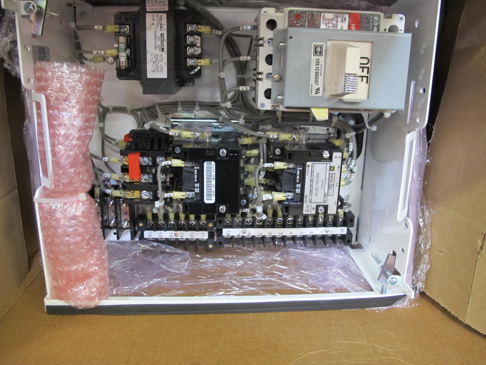 LOT TO INCLUDE NLI STARTERS: (4) STARTER, ELECTRIC MOTOR TYPE, MCC BUCKET KIND, 18"H X 14"W SIZE, 1 NEMA SIZE. Complete with door. INCLUDES THE FOLLOWING COMPONENTS: > NEMA SIZE 1 FULL VOLTAGE REVERSING STARTER, WITH   BIMETALLIC OVERLOAD RELAY (INCLUDES THREE HEATERS) > 4NO <(>&<)> 4NCAUXILIARY CONTACTS > 7A MAGNETIC ONLY CIRCUIT BREAKER (HMP007C0C) > 200VA CURRENT POTENTIAL TRANSFORMER, (1). LOCATED AT W-50 . LOADING AND HANDLING FEE $25-446