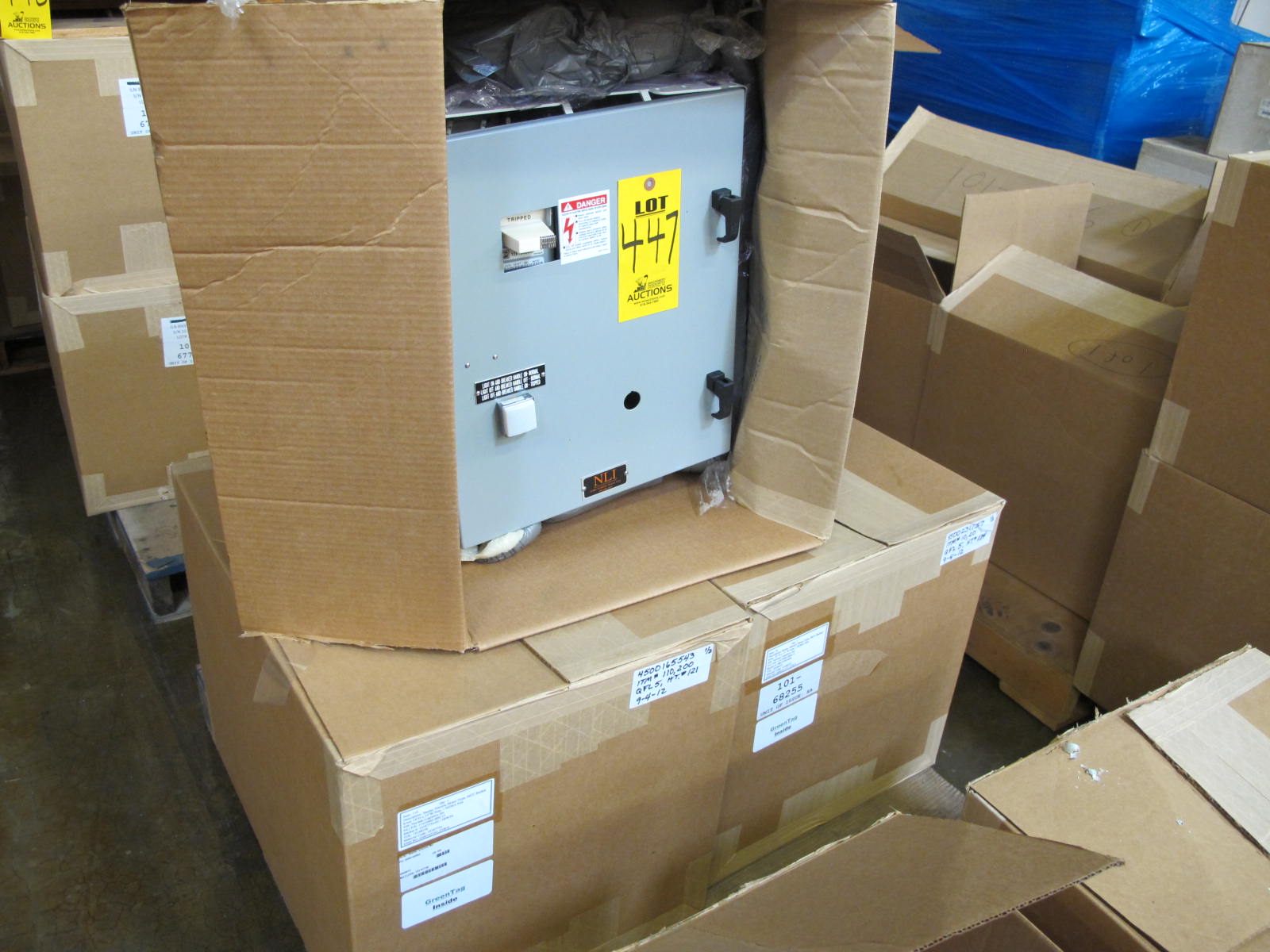 LOT TO INCLUDE NLI STARTERS: (1) STARTER, ELECTRIC MOTOR TYPE, MCC BUCKET KIND, 18"H X 14"W SIZE, 1 NEMA SIZE. COMPLETE WITH DOOR. INCLUDES THE FOLLOWING COMPONENTS: > NEMA SIZE 1 FULL VOLTAGE NON-REVERSING STARTER   (8536SC03V02BSX22), WITH BIMETALLIC OVERLOAD RELAY   (INCLUDES THREE HEATERS) > 4NO <(>&<)> 4NC AUXILIARY CONTACTS > 7A MAGNETIC ONLY CIRCUIT BREAKER (HMCP007C0C) > 200VA CURRENT POTENTIAL TRANSFORMER, (1) STARTER, ELECTRIC MOTOR TYPE, MCC BUCKET KIND, 18"H X 14"W SIZE, 1 NEMA SIZE. COMPLETE WITH DOOR. INCLUDES THE FOLLOWING COMPONENTS: > NEMA SIZE 1 FULL VOLTAGE REVERSING STARTER   (8736SC07V02BSX2222), WITH BIMETALLIC OVERLOAD   RELAY (INCLUDES THREE HEATERS) > 4NO <(>&<)> 4NC AUXILIARY CONTACTS > 15A MAGNETIC ONLY CIRCUIT BREAKER (HMCP015E0C) > 200VA CURRENT POTENTIAL TRANSFORMER, (1) STARTER, ELECTRIC MOTOR TYPE, MCC BUCKET KIND, 18"H X 14"W SIZE, 1 NEMA SIZE. COMPLETE WITH DOOR. INCLUDES THE FOLLOWING COMPONENTS: > NEMA SIZE 1 FULL VOLTAGE REVERSING STARTER, WITH   BIMETALLIC OVERLOAD RELAY (INCLUDES THREE HEATERS) > 4NO <(>&<)> 4NCAUXILIARY CONTACTS > 15A MAGNETIC ONLY CIRCUIT BREAKER (HMCP015E0C) > 200VA CURRENT POTENTIAL TRANSFORMER > TWO 2500 OHM 25W RES. LOCATED AT W-50 . LOADING AND HANDLING FEE $25-447
