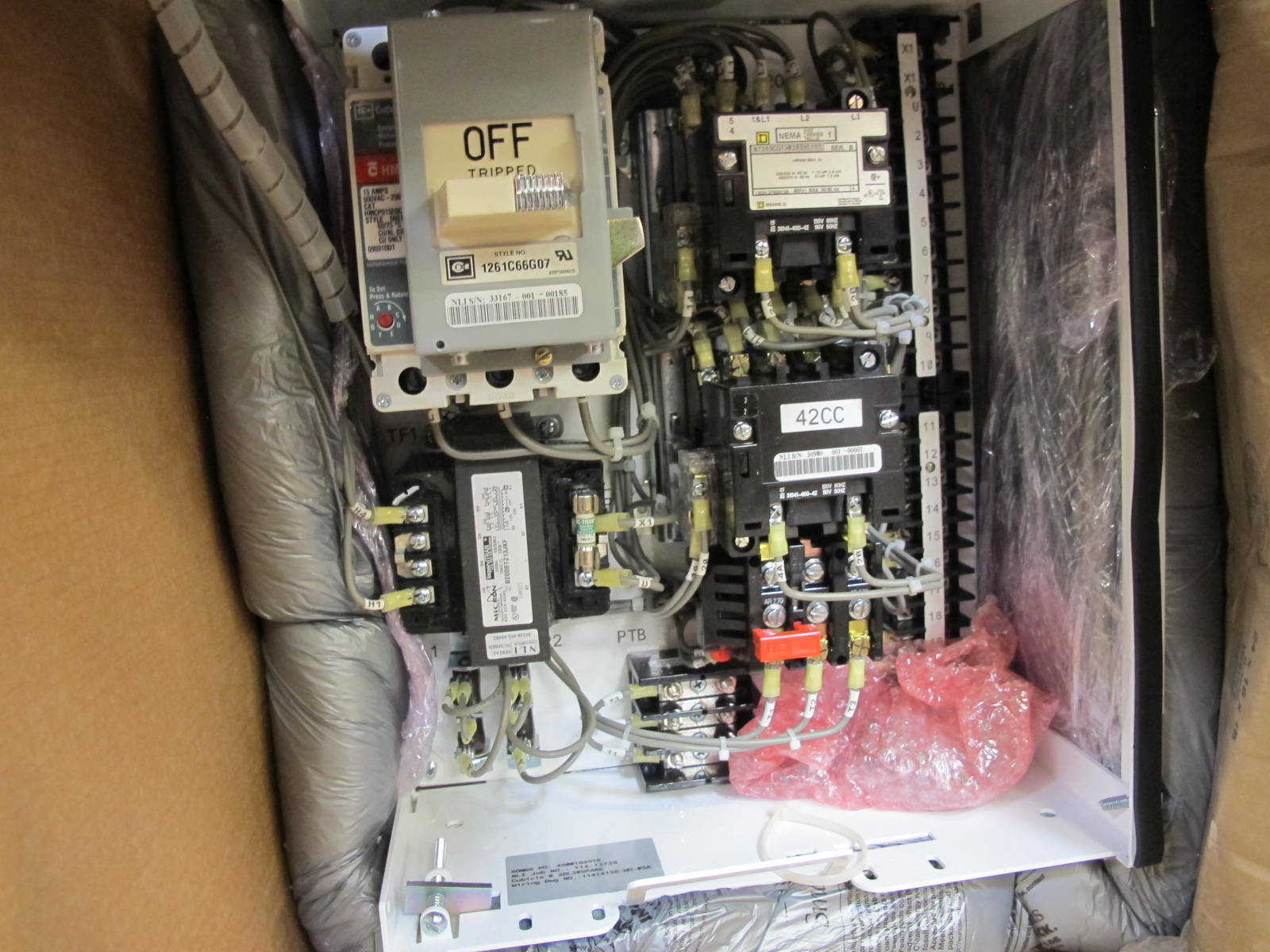 LOT TO INCLUDE NLI STARTERS: (1) STARTER, ELECTRIC MOTOR TYPE, MCC BUCKET KIND, 18"H X 14"W SIZE, 1 NEMA SIZE. COMPLETE WITH DOOR. INCLUDES THE FOLLOWING COMPONENTS: > NEMA SIZE 1 FULL VOLTAGE NON-REVERSING STARTER   (8536SC03V02BSX22), WITH BIMETALLIC OVERLOAD RELAY   (INCLUDES THREE HEATERS) > 4NO <(>&<)> 4NC AUXILIARY CONTACTS > 7A MAGNETIC ONLY CIRCUIT BREAKER (HMCP007C0C) > 200VA CURRENT POTENTIAL TRANSFORMER, (1) STARTER, ELECTRIC MOTOR TYPE, MCC BUCKET KIND, 18"H X 14"W SIZE, 1 NEMA SIZE. COMPLETE WITH DOOR. INCLUDES THE FOLLOWING COMPONENTS: > NEMA SIZE 1 FULL VOLTAGE REVERSING STARTER   (8736SC07V02BSX2222), WITH BIMETALLIC OVERLOAD   RELAY (INCLUDES THREE HEATERS) > 4NO <(>&<)> 4NC AUXILIARY CONTACTS > 15A MAGNETIC ONLY CIRCUIT BREAKER (HMCP015E0C) > 200VA CURRENT POTENTIAL TRANSFORMER, (1) STARTER, ELECTRIC MOTOR TYPE, MCC BUCKET KIND, 18"H X 14"W SIZE, 1 NEMA SIZE. COMPLETE WITH DOOR. INCLUDES THE FOLLOWING COMPONENTS: > NEMA SIZE 1 FULL VOLTAGE REVERSING STARTER, WITH   BIMETALLIC OVERLOAD RELAY (INCLUDES THREE HEATERS) > 4NO <(>&<)> 4NCAUXILIARY CONTACTS > 15A MAGNETIC ONLY CIRCUIT BREAKER (HMCP015E0C) > 200VA CURRENT POTENTIAL TRANSFORMER > TWO 2500 OHM 25W RES. LOCATED AT W-50 . LOADING AND HANDLING FEE $25-447