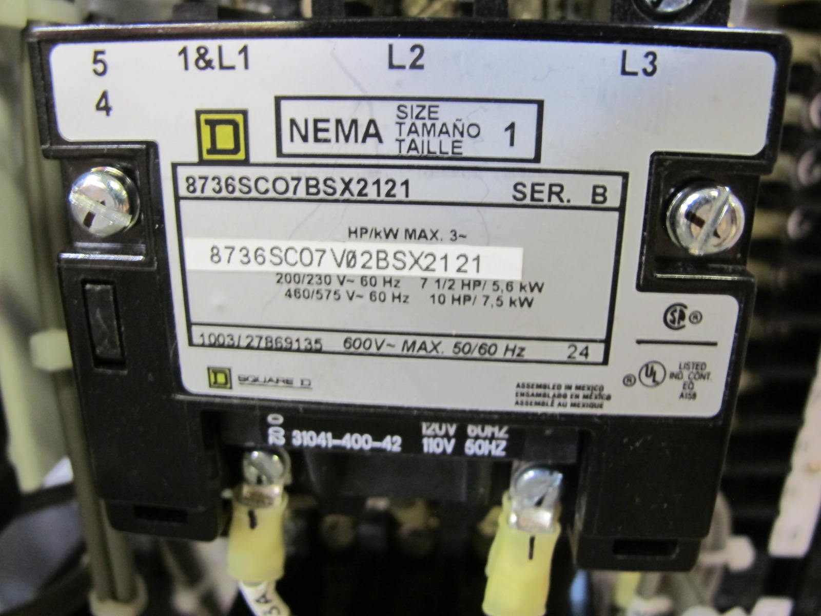 (2) NLI STARTERS, ELECTRIC MOTOR TYPE, MCC BUCKET KIND, 18"H X 20"W SIZE, 1 NEMA SIZE. Complete with door. INCLUDES THE FOLLOWING COMPONENTS: > NEMA SIZE 1 FULL VOLTAGE REVERSING STARTER   (8736SC07V02BSX2121), WITH BIMETALLIC OVERLOAD   RELAY (INCLUDES THREE HEATERS) > 4NO <(>&<)> 4NC AUXILIARY CONTACTS > 15A MAGNETIC ONLY CIRCUIT BREAKER (HMCP015E0C) > 200VA CURRENT POTENTIAL TRANSFORMER. LOCATED AT W-50 . LOADING AND HANDLING FEE $25-453