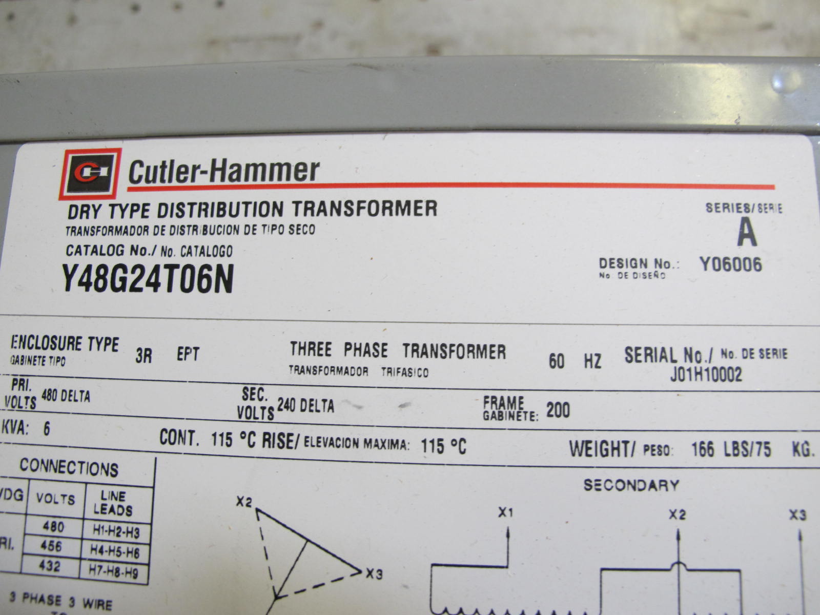 CUTLER-HAMMER TRANSFORMER, 6 KVA, 480 DELTA TO 240 DELTA VOLT RATING, POWER KIND, 3 PHASE.. LOCATED AT W-50 . LOADING AND HANDLING FEE $25-454