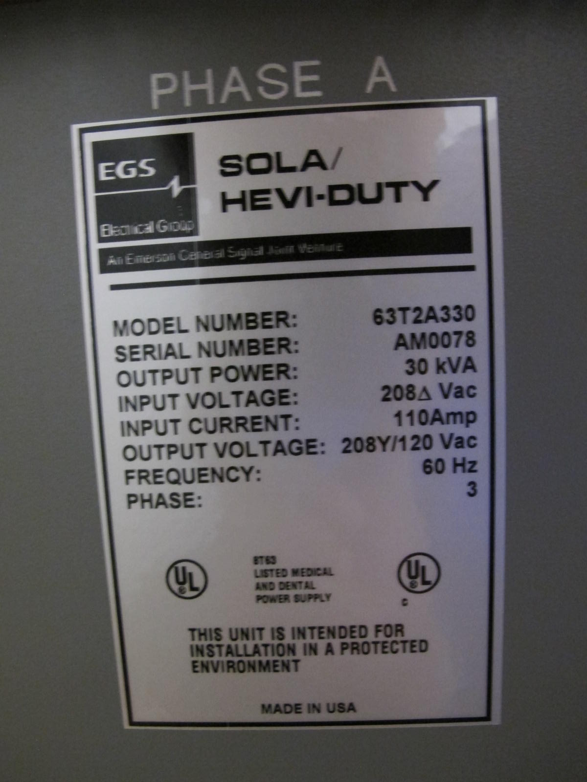 EGS REGULATOR, VOLTAGE TYPE, 208Y/120 AC VOLTS, 30 KVA, 3 PHASE. CONSTANT. LOCATED AT W-50 . LOADING AND HANDLING FEE $25-459