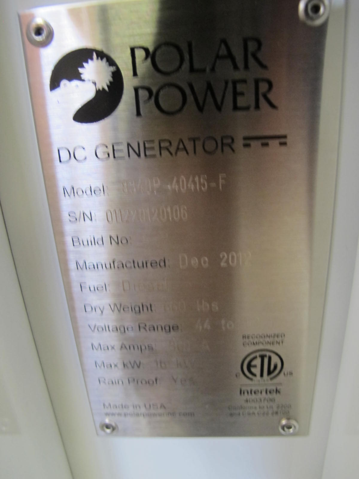 POLAR POWER, MODEL # 8340P-40415-F, DC BACKUP GENERATOR, DIESEL POWER TYPE, VOLTAGE RANGE 44-62 VOLTS, MAX AMPS 360, MAX KILOWATTS 16, W/ SUPRA SERIES DC GENERATOR DIGITAL CONTROLLER ELECTRIC TYPE, 20 GAL INTEGRATED DOUBLE WALLED FUEL TANK,INTEGRATED CONTROL SYSTEM. POWER POLAR 8340P-40415. LOCATED AT W-50 . LOADING AND HANDLING FEE $25-460