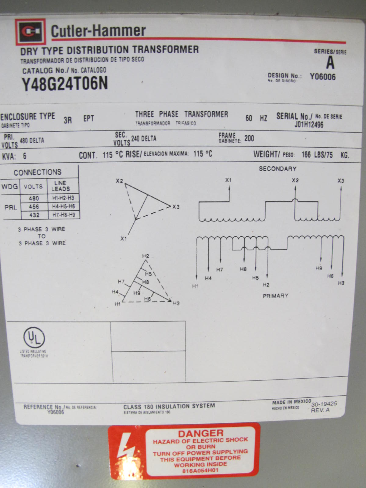 (4) CUTLER-HAMMER TRANSFORMERS, 6 KVA, 480 DELTA TO 240 DELTA VOLT RATING, POWER KIND, 3 PHASE.. LOCATED AT W-50 . LOADING AND HANDLING FEE $25-462